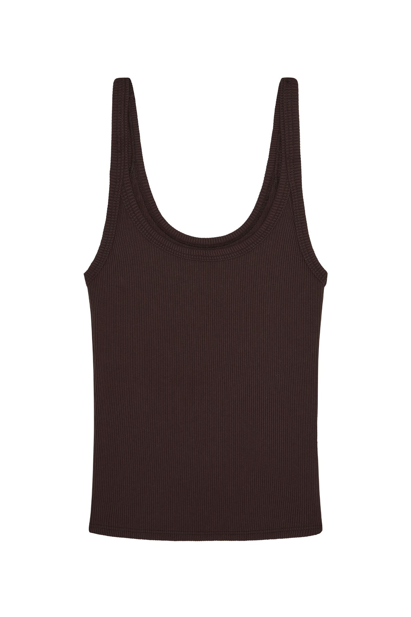 Ribbed dark brown scoop-neck tank top photographed flat on white background