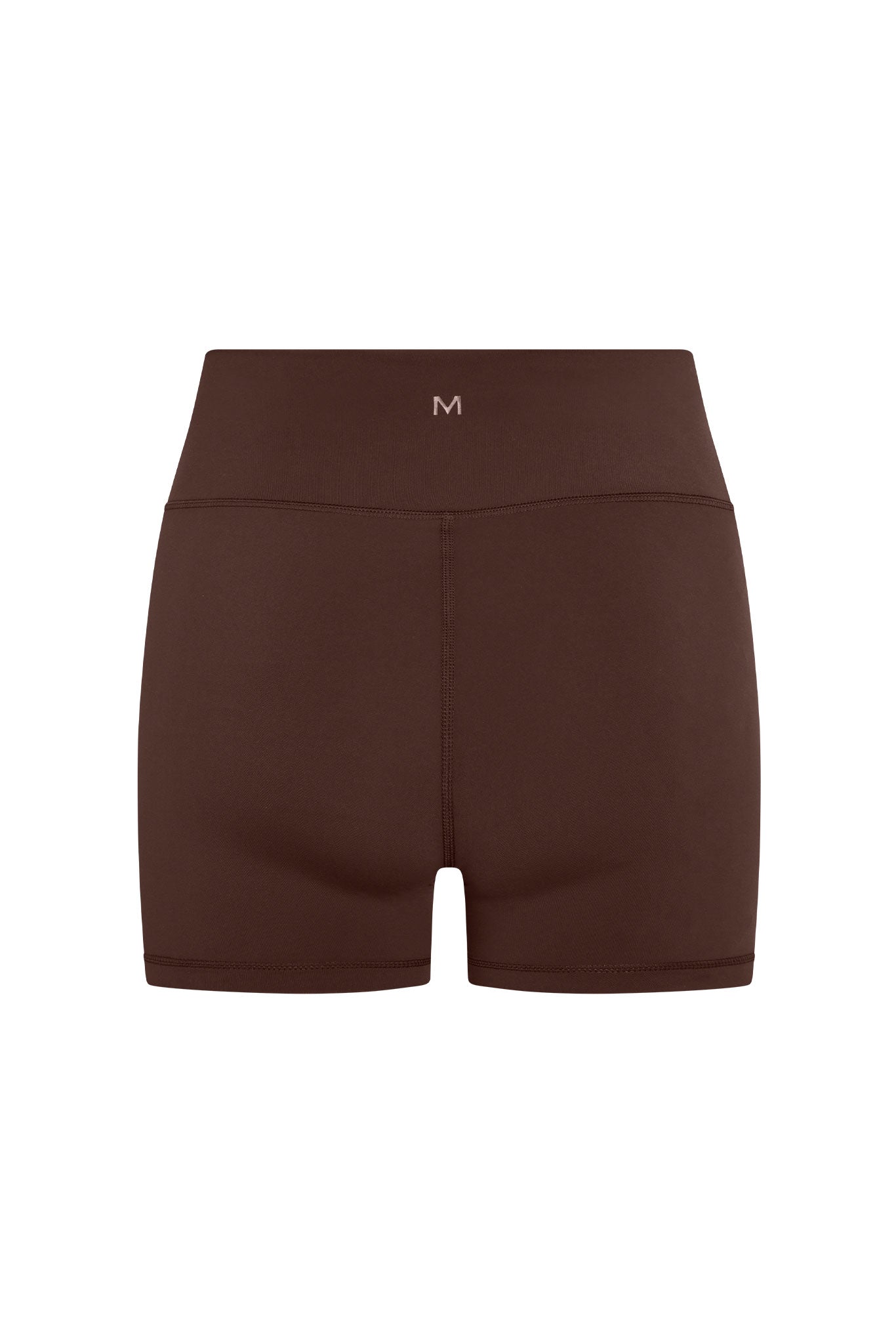 Brown high-waist bike shorts, back view, small 'M' logo on center waistband.