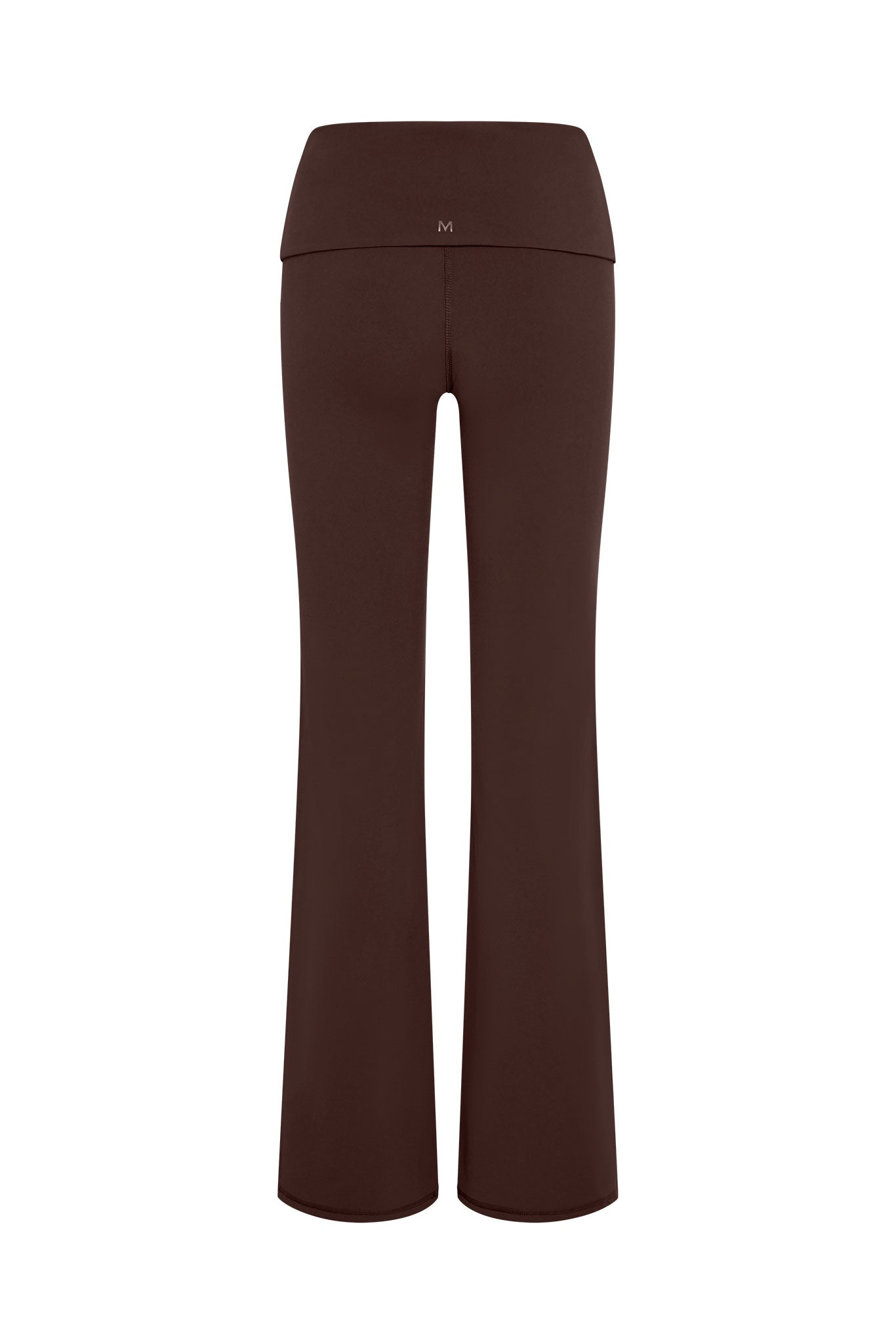Brown flared yoga pants with high folded waistband and small M logo at center back