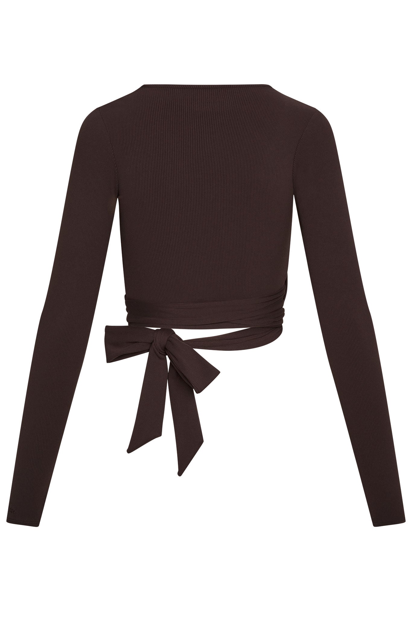 Back view of brown ribbed long-sleeve wrap crop top with tied waist bow.