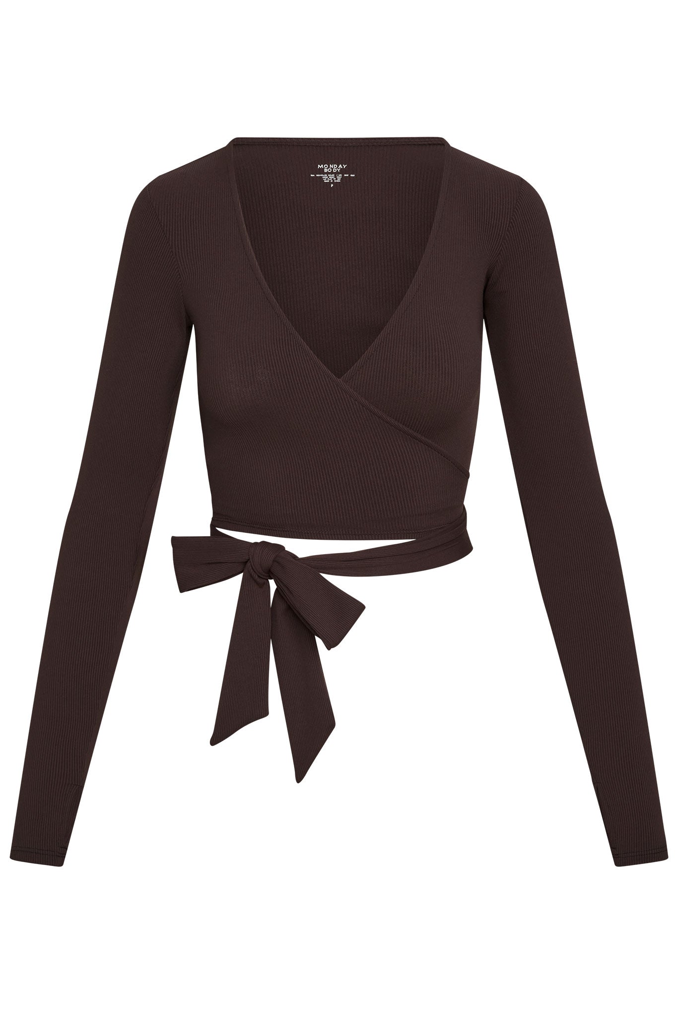 Brown ribbed long-sleeve wrap crop top with waist bow; label reads MONDAY BODY.