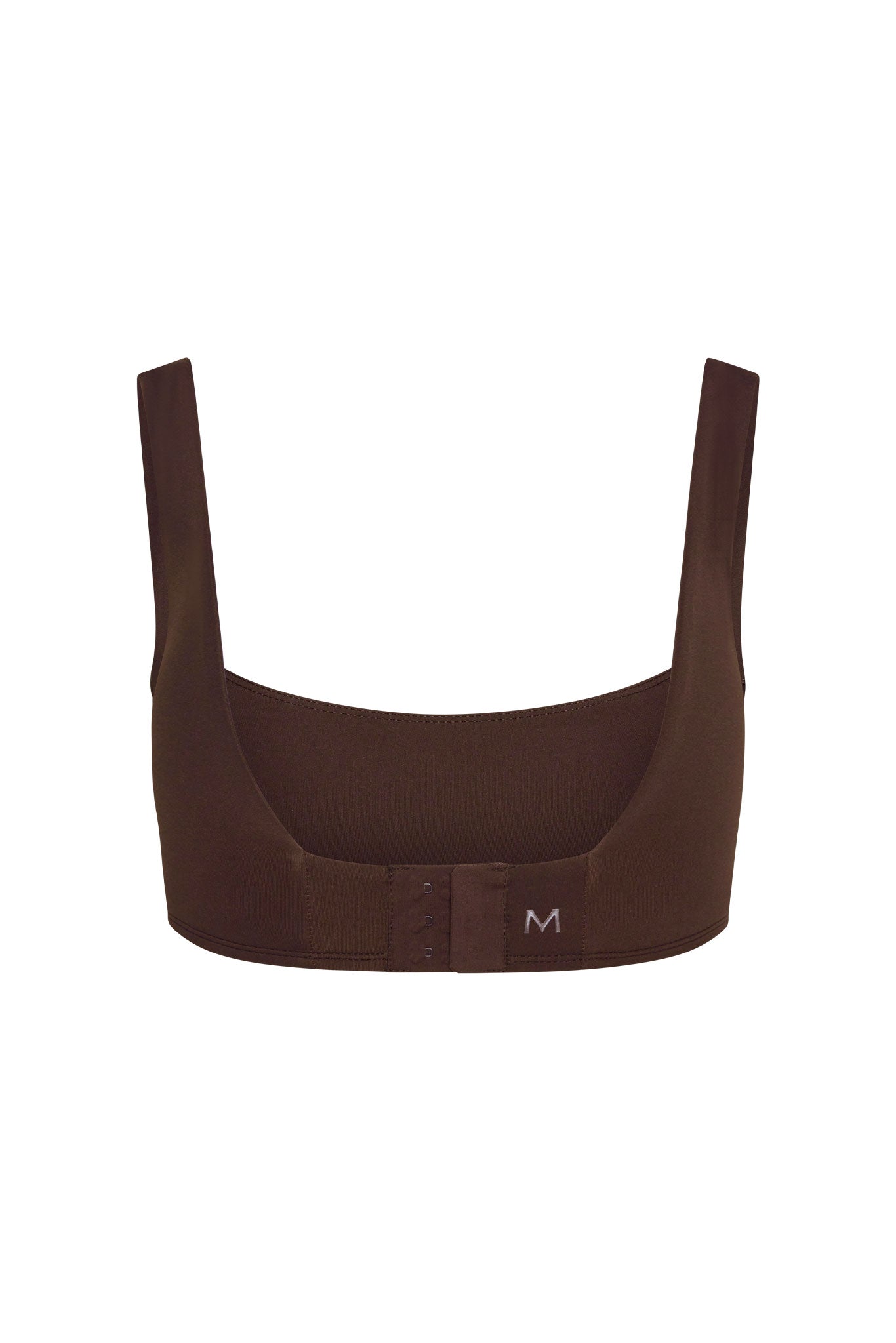 Brown cropped bra back with three-hook closure and embroidered M on band