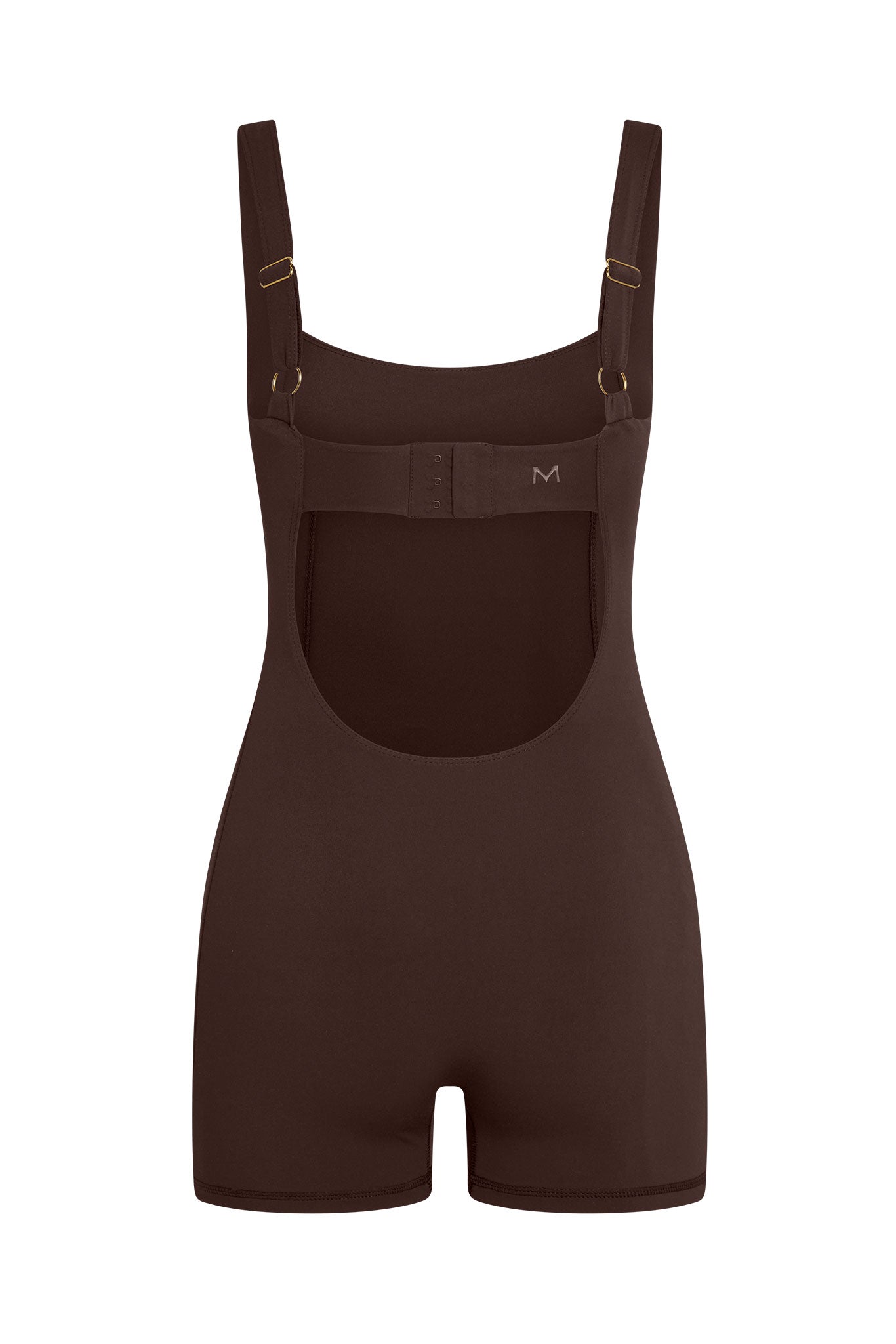 Brown shaping bodysuit with adjustable shoulder straps, back hook closure and short legs; embroidered M on back strap.
