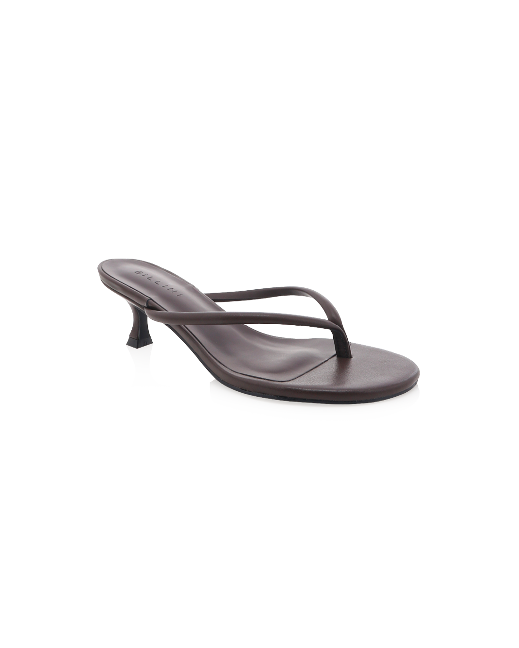 Brown leather thong sandal with low kitten heel, side view on white background; insole shows text BILLINI.