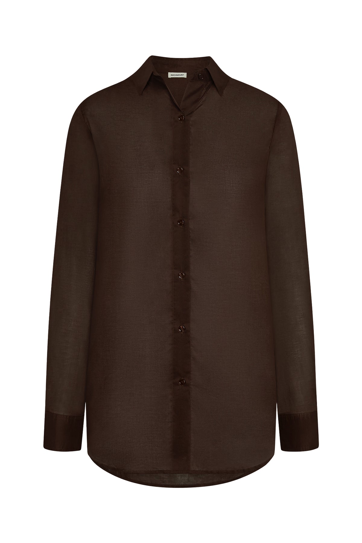 Front view of Fiji Tunic in espresso cotton voile showcasing button front and semi-sheer fabric on white background