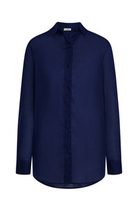 Front view of Fiji Tunic - Midnight Cotton Voile with button front, collared neckline, long sleeves, and rounded hem