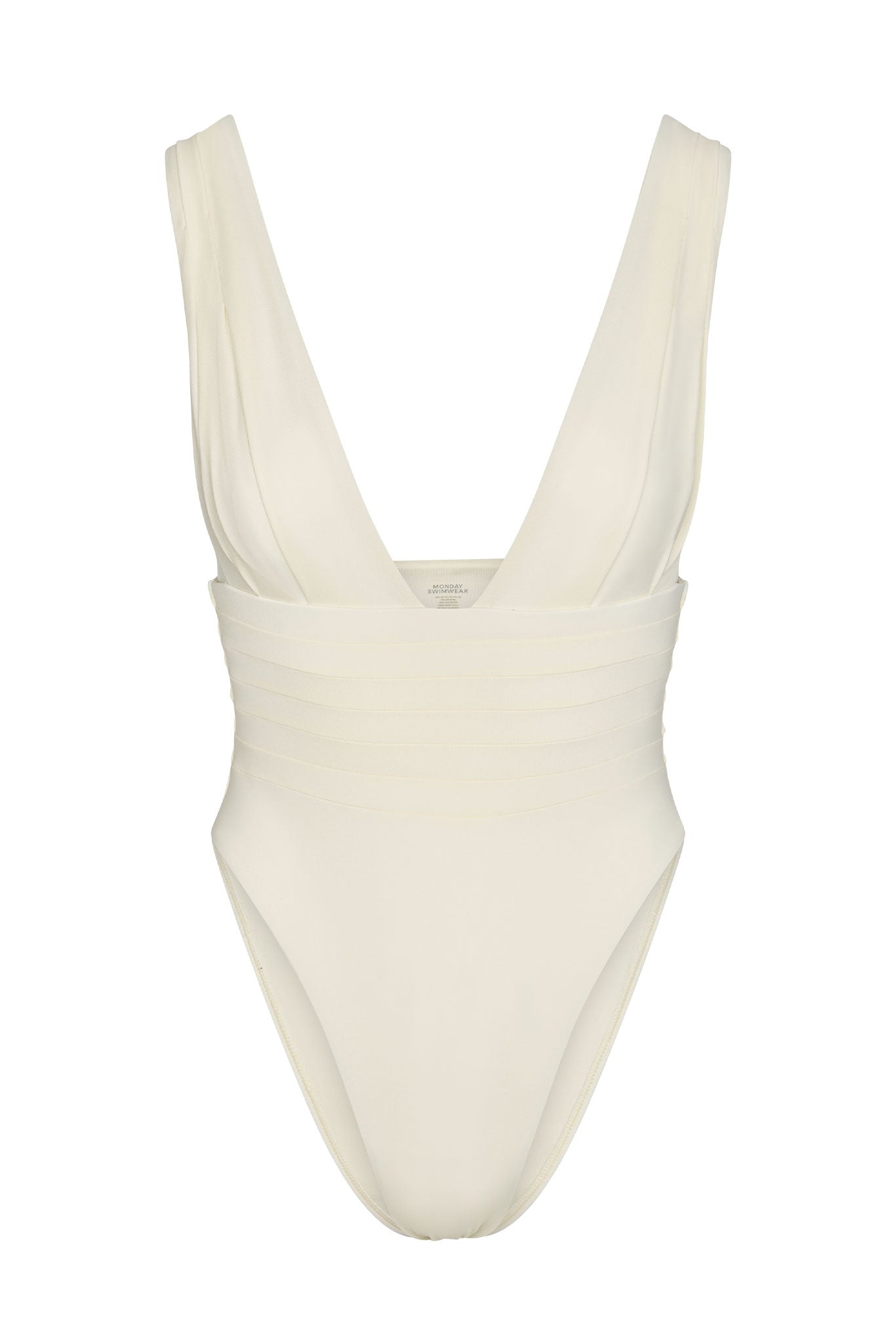 Ivory one-piece swimsuit with deep V neckline and wide banded waist