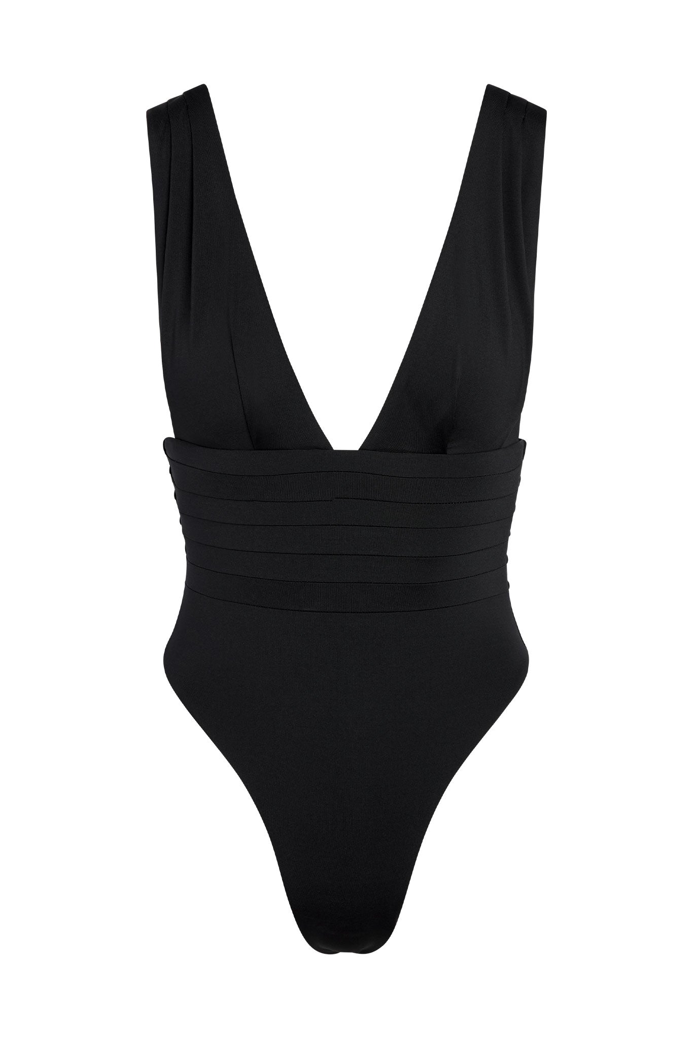 Black one-piece swimsuit with deep V-neck, wide straps, banded ribbed waist and high-cut leg.