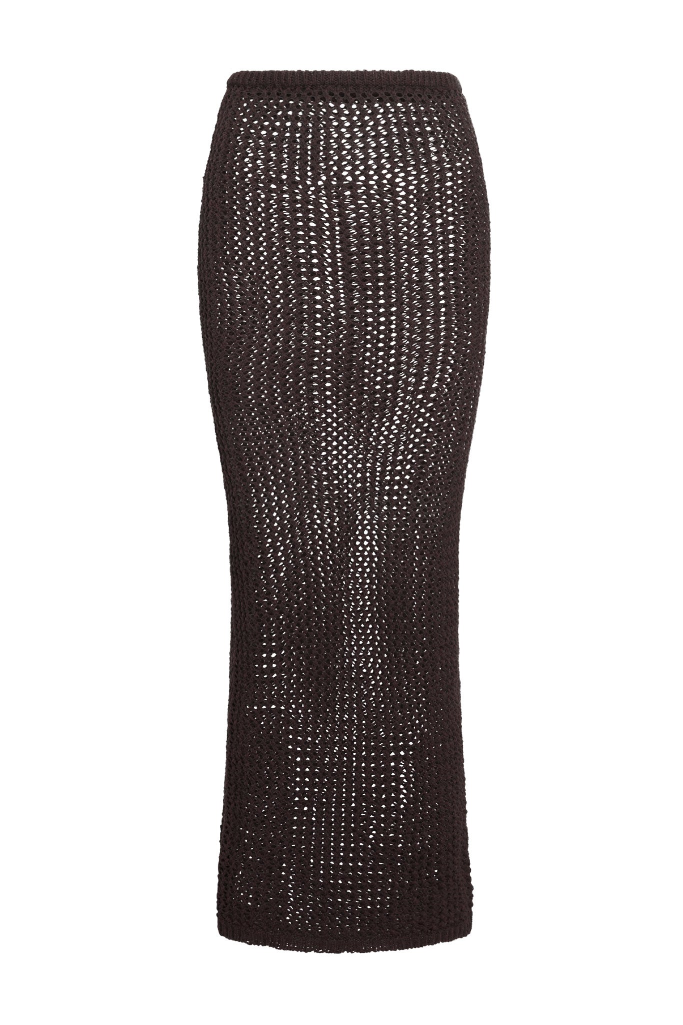 Dark brown open-knit ankle-length pencil skirt with fitted waist