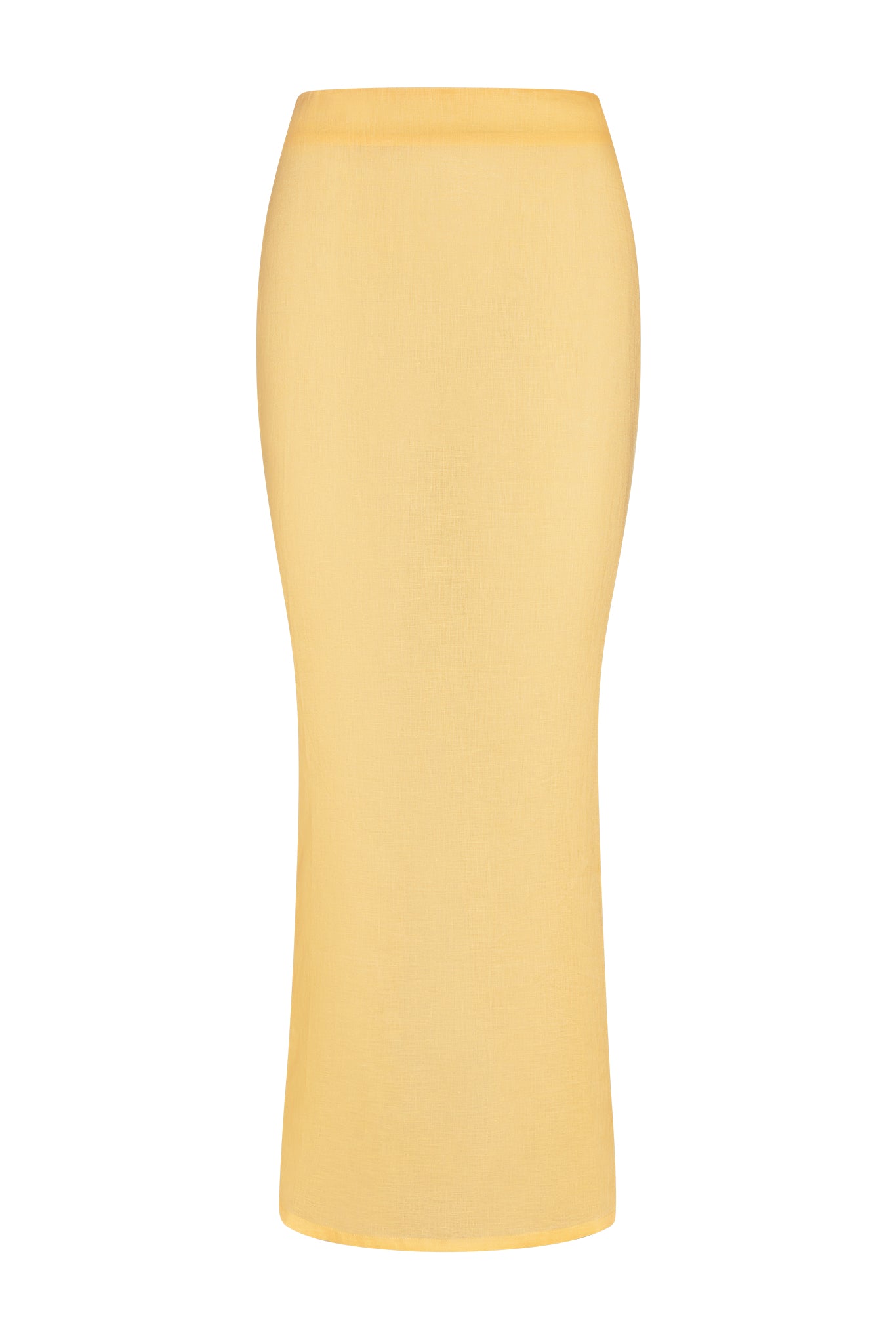 Fitted yellow midi pencil skirt with straight silhouette on white background.