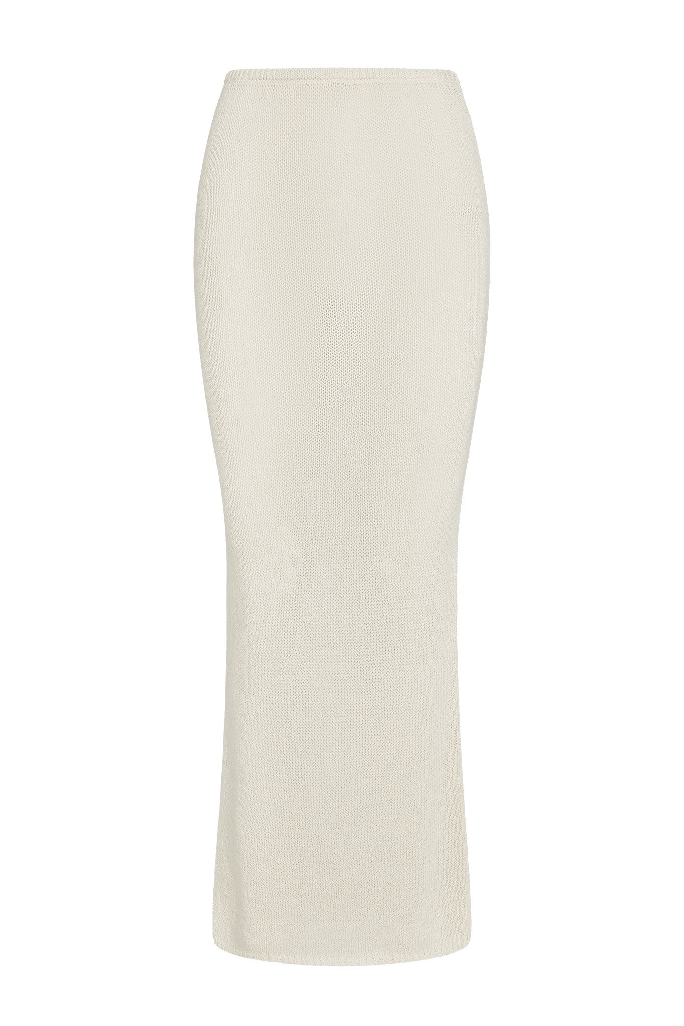 Cream ribbed-knit midi pencil skirt, high waist, straight-to-slightly-flared hem, on white background.