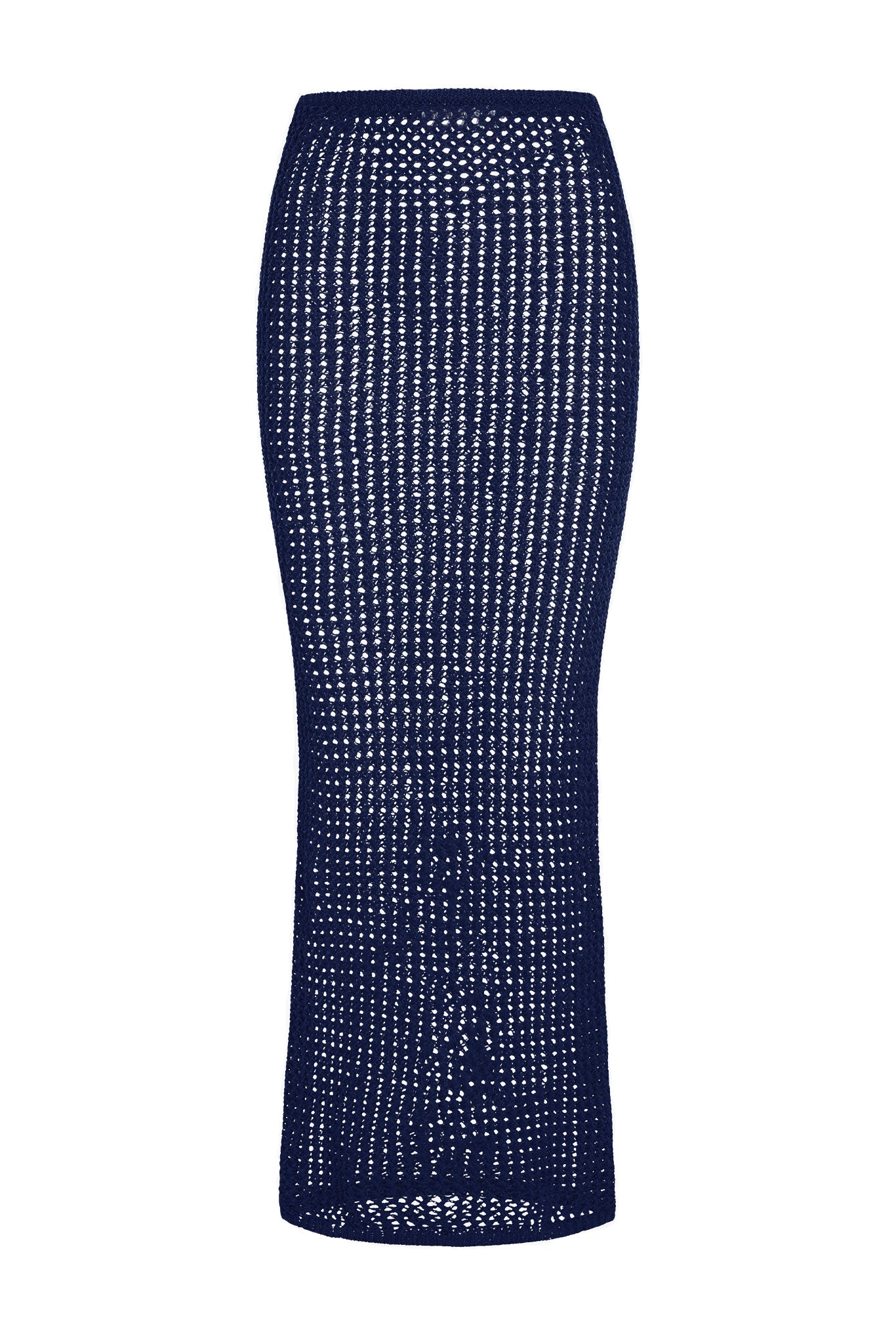Navy blue open-knit crochet midi pencil skirt with straight waist and slight flare at hem