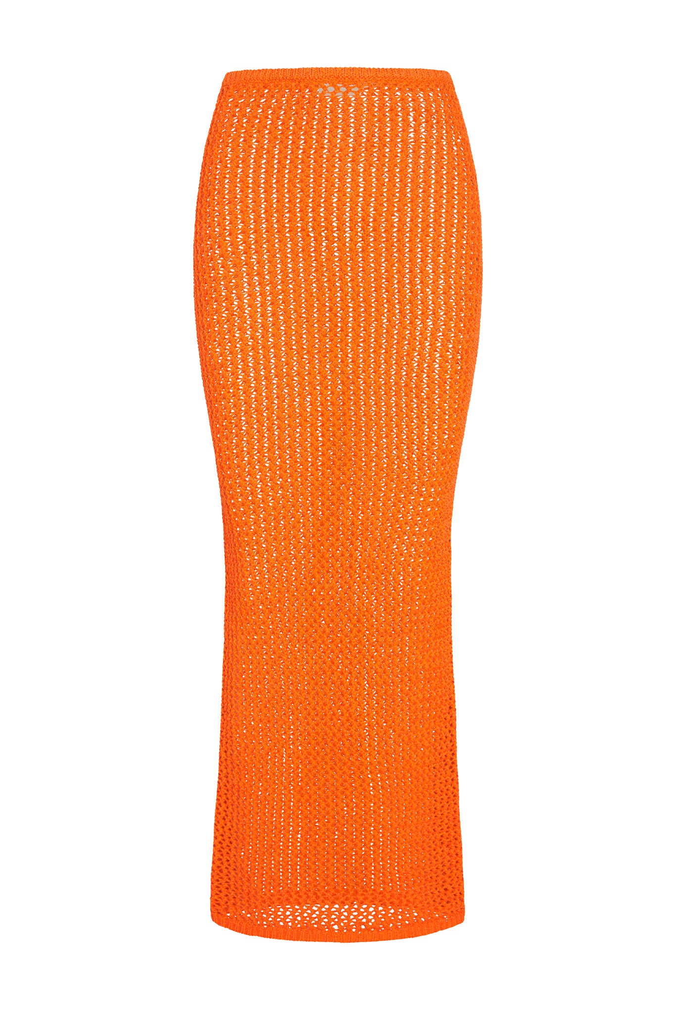 Orange open-knit midi pencil skirt with fitted waist and crochet texture