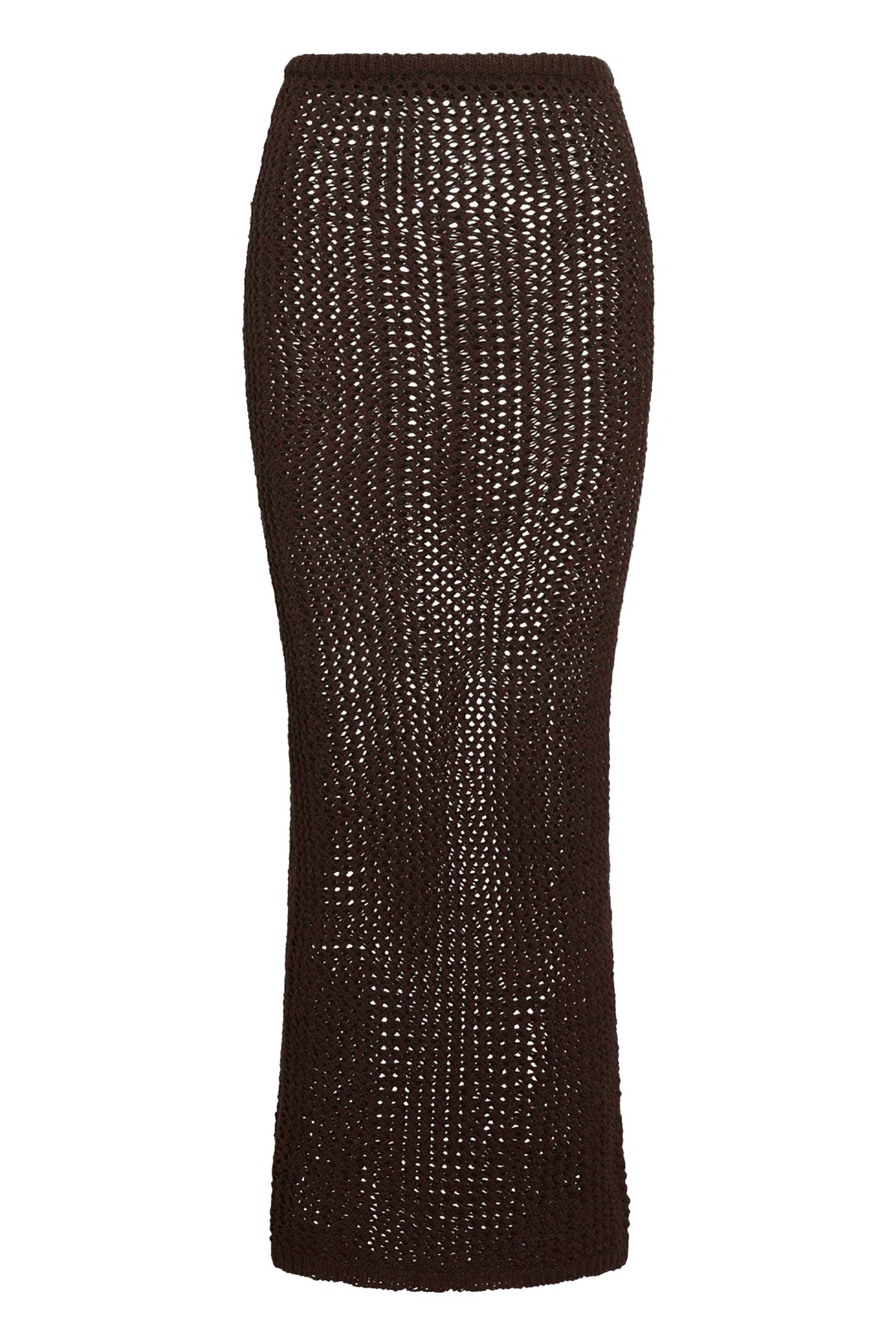 Front view of Espresso Petit Crochet Fontelina Skirt showcasing elastic waist and semi-sheer open-knit crochet on white background
