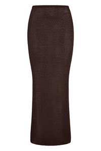 Front view of Fontelina Skirt in Espresso Treble Knit showing elastic waist and straight-cut maxi hem on white background