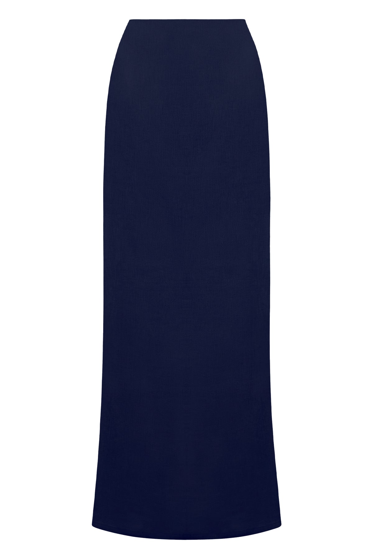 Front view of Fontelina Skirt in midnight linen showcasing maxi length and straight-cut hem on white background