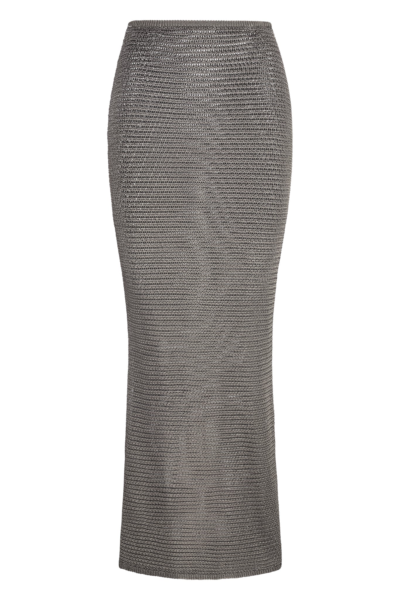 Front view of Fontelina Skirt in steel treble knit showcasing textured knit and slim pencil silhouette on white background