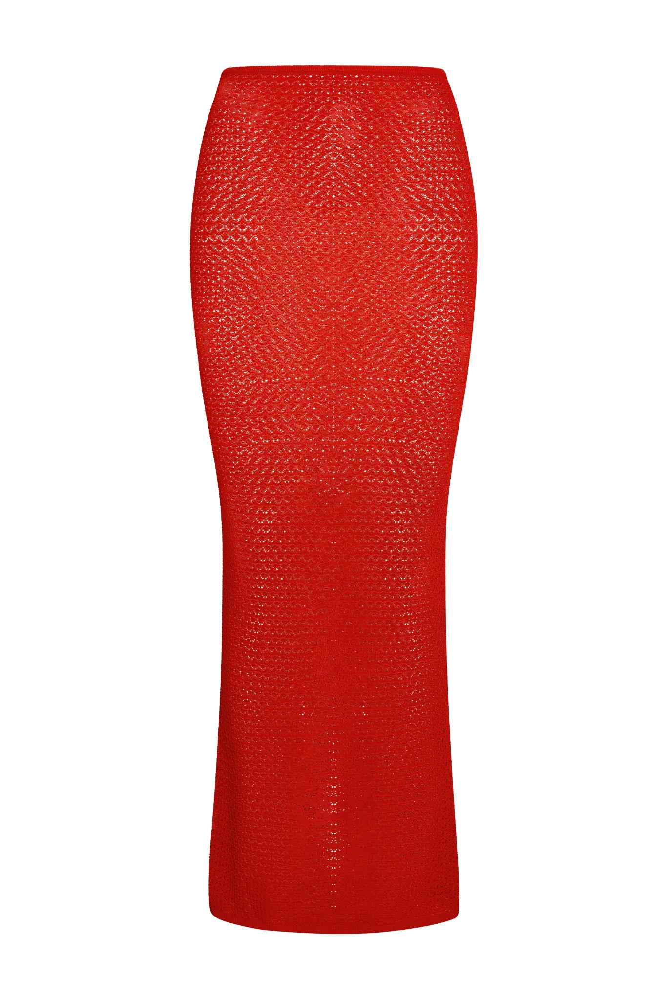 Red textured knit pencil maxi skirt with subtle honeycomb pattern