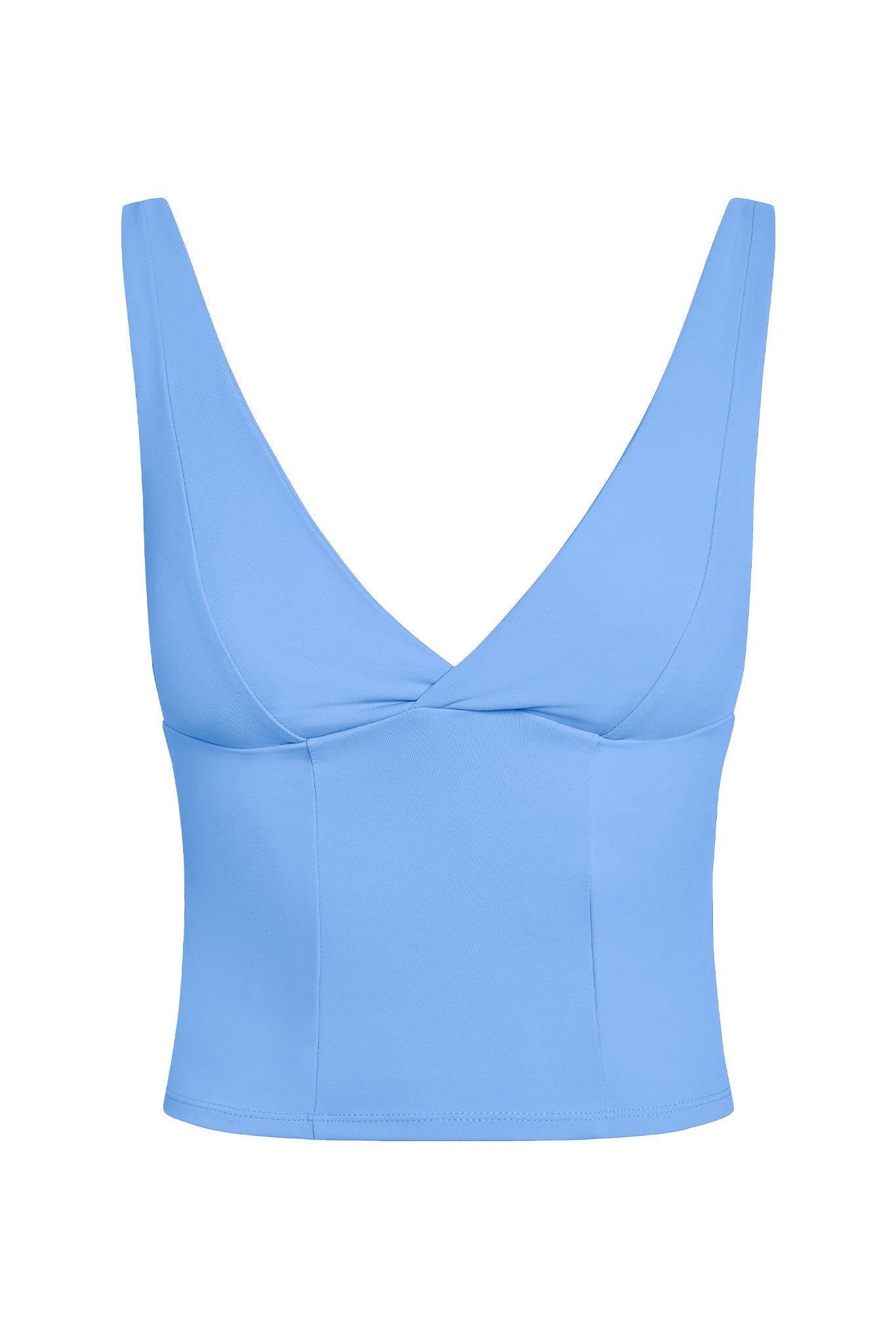 Blue V-neck cropped tank top with twisted front seam and wide shoulder straps