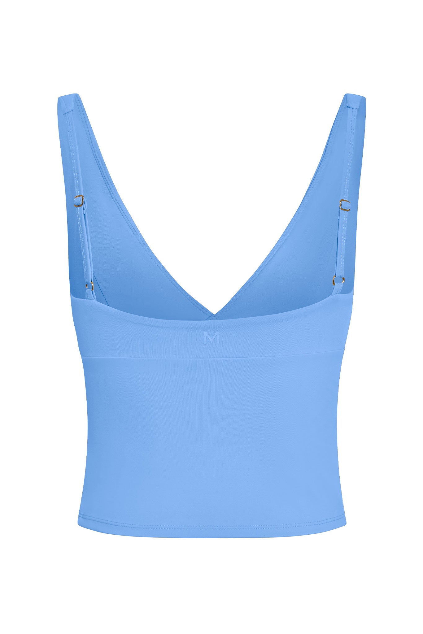 Light blue cropped tank top with deep V back, adjustable straps and small 'M' logo at center back.