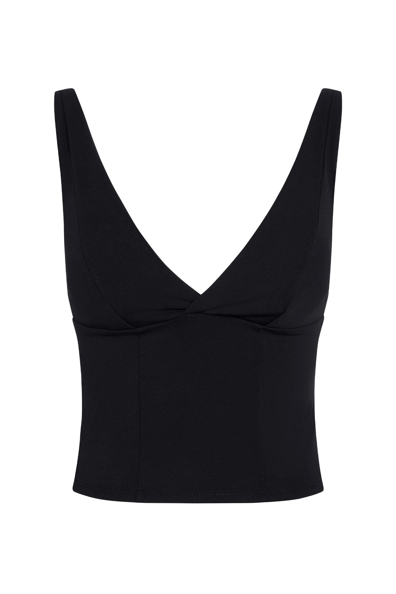 Black sleeveless V-neck crop top with crossed front seam and wide shoulder straps