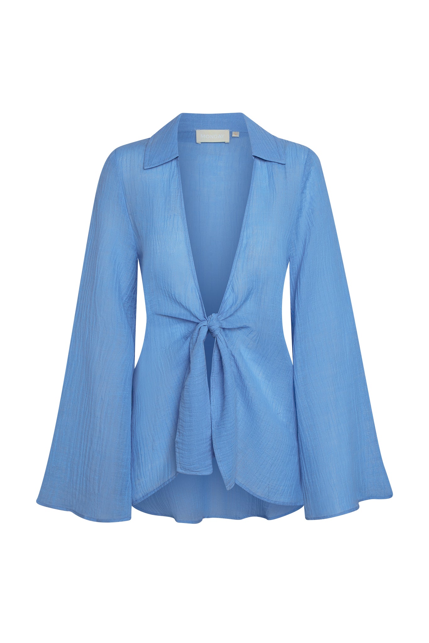 Blue crinkled tie-front blouse with deep V and flared sleeves; collar label reads MONDAY