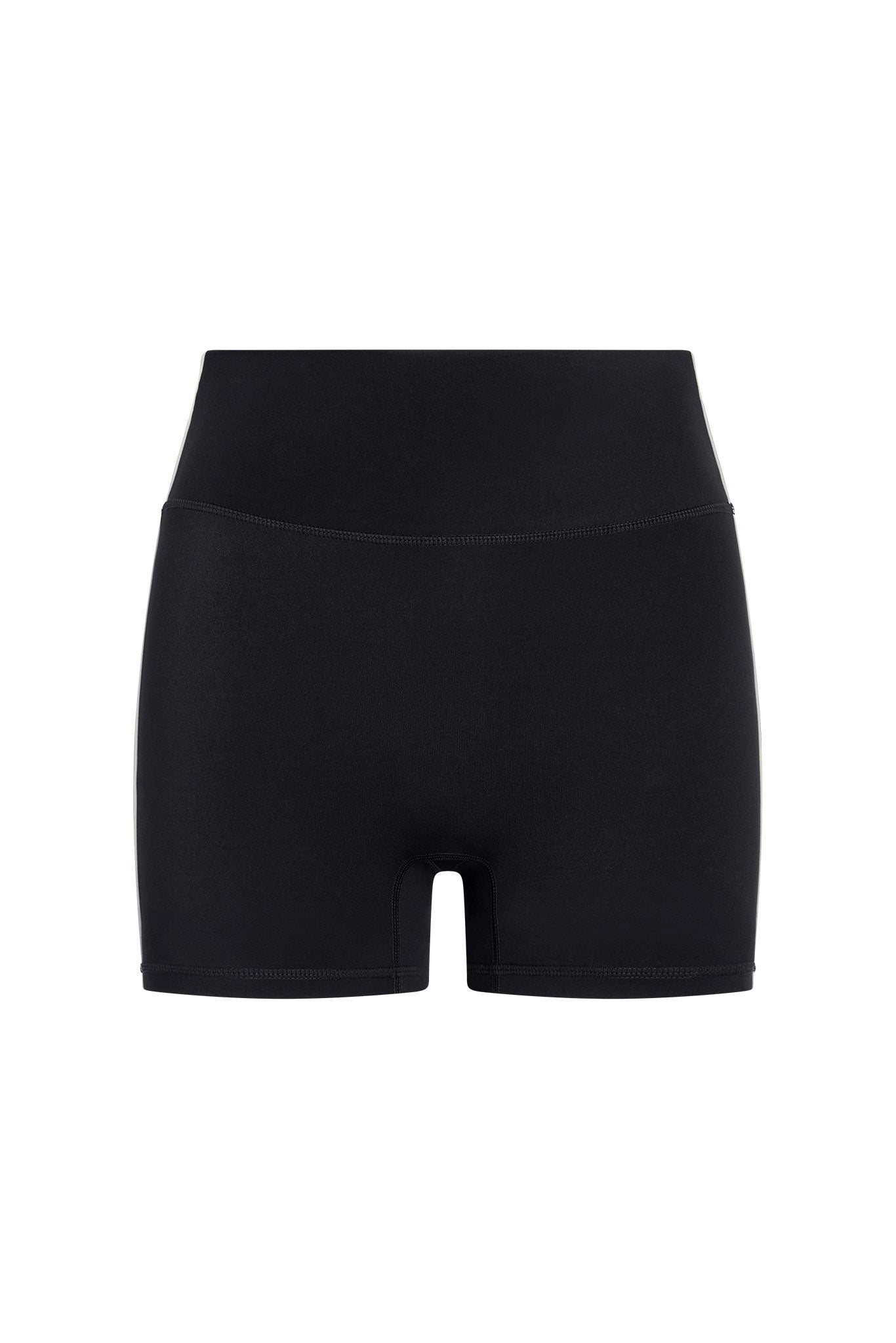 High-waist black biker shorts with wide waistband and short inseam.