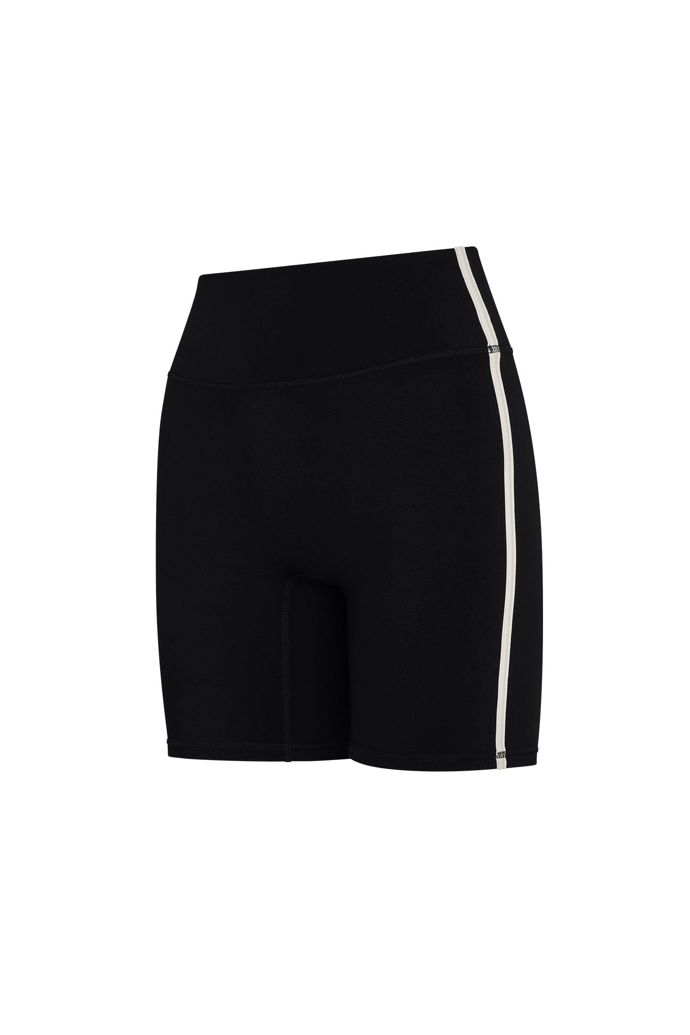 Black high-waist bike shorts with white side stripe, mid-thigh length.