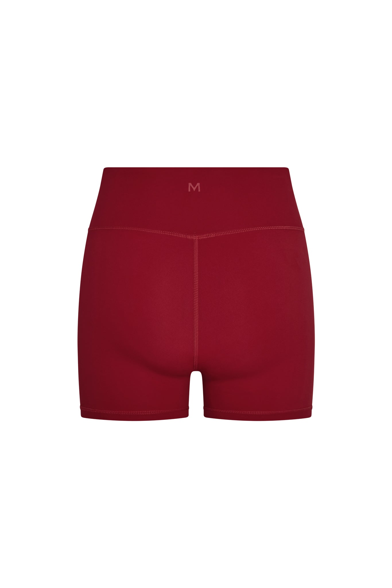 Back view of Griffith Short in cherry showing high waist, center back seam and small M logo on waistband on white background