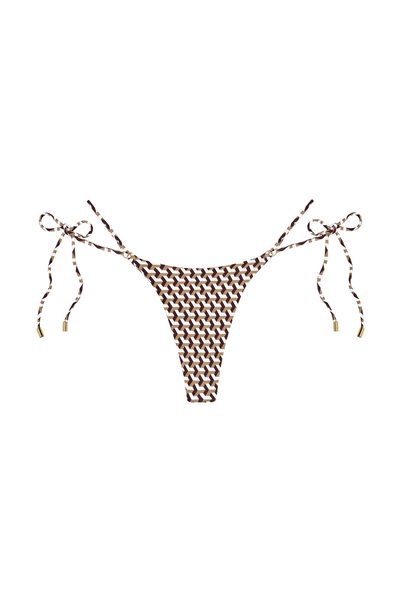 Brown and cream geometric-print string bikini bottom with side tie straps and gold-tone end caps.