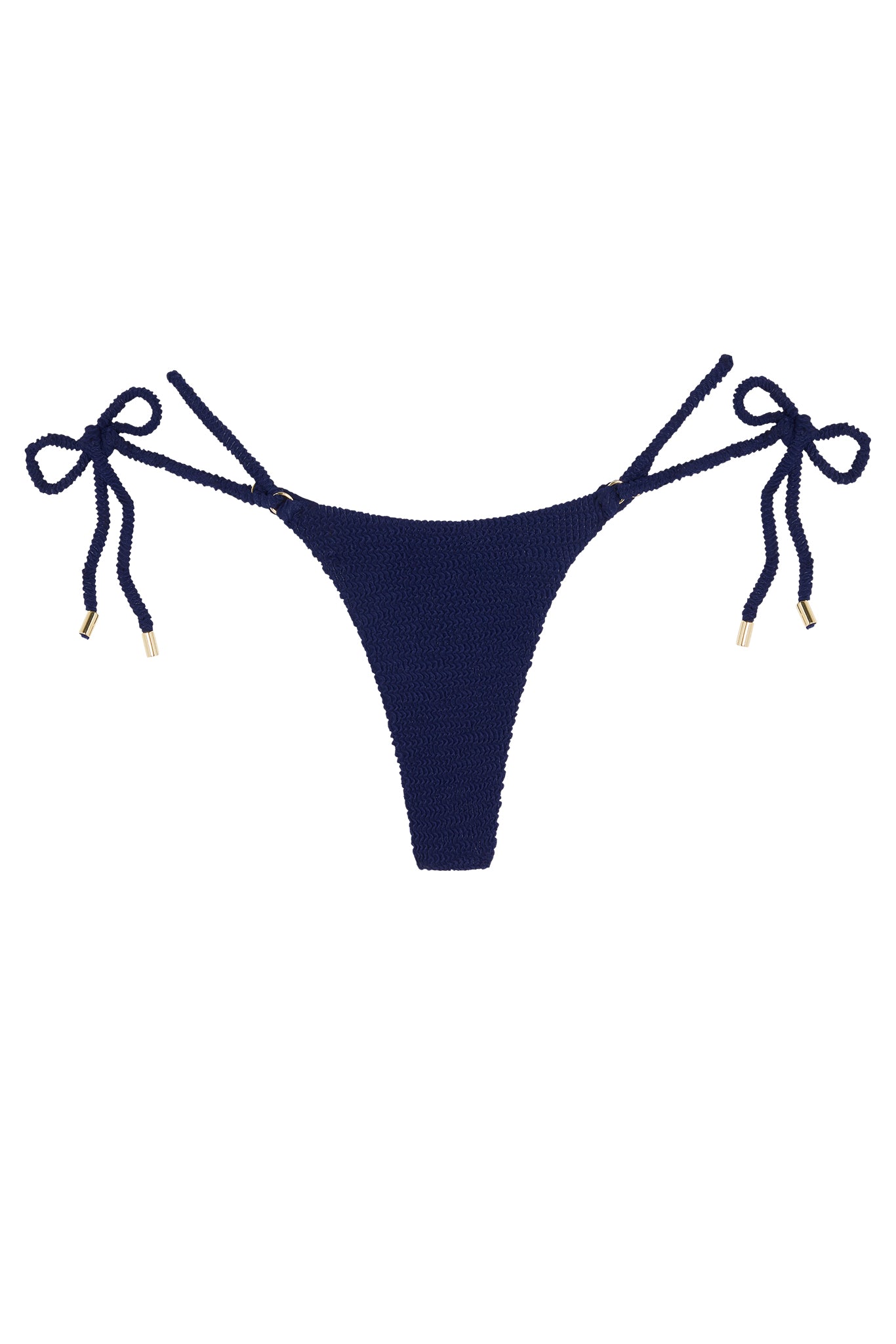 Navy crocheted bikini bottom with rope side ties and gold metal end caps