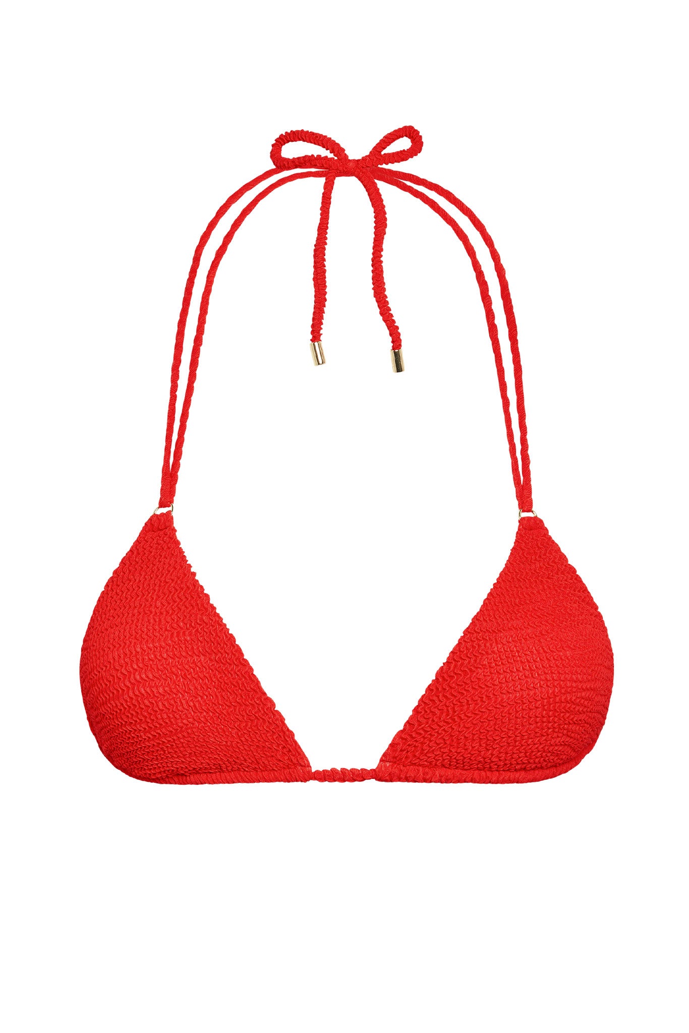 Red textured triangle halter bikini top with braided ties and gold tips.