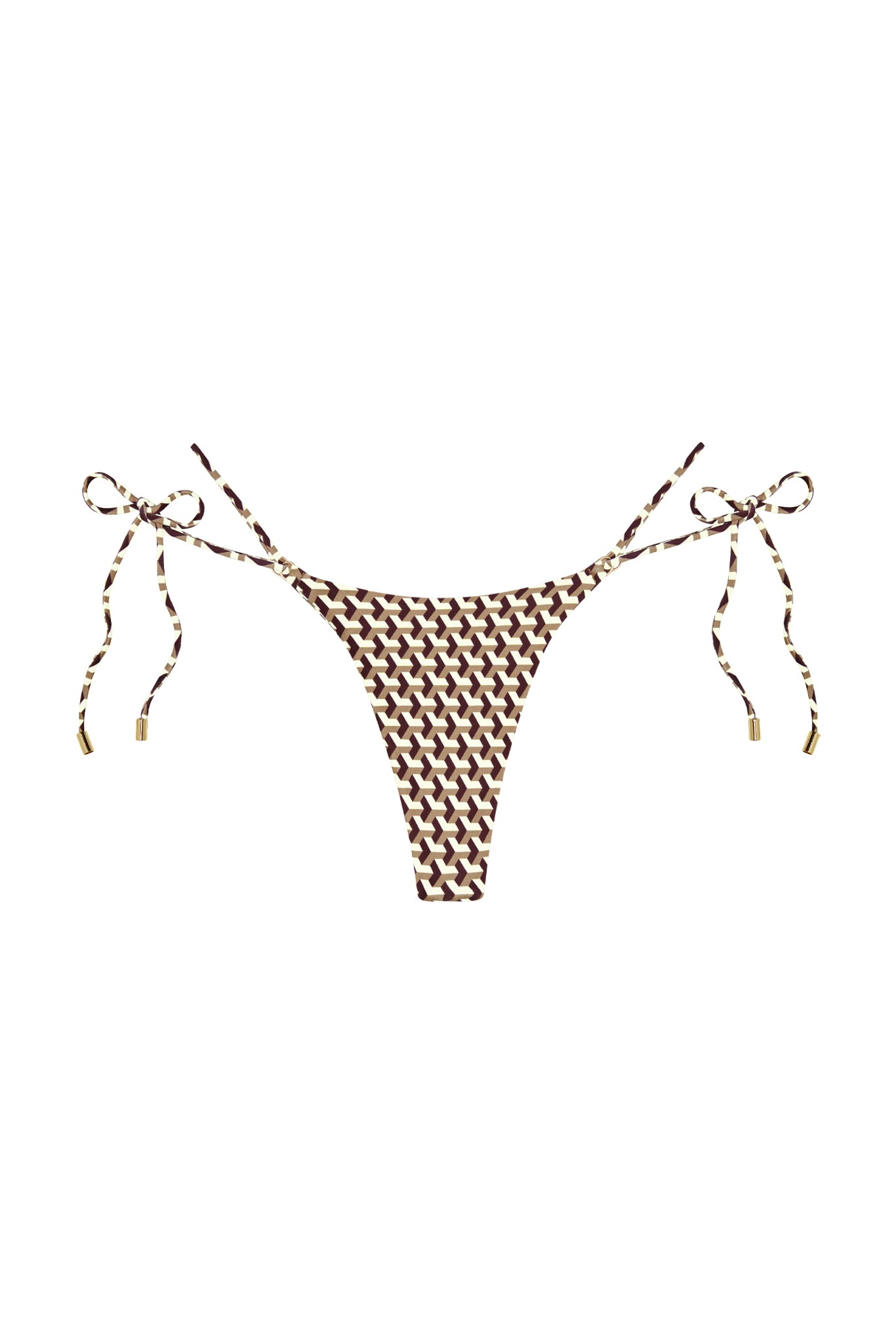 Front flat-lay of Hanalei Bottom in Husk Geo showing high-cut tie-side, brown-and-cream geometric print and gold aglets
