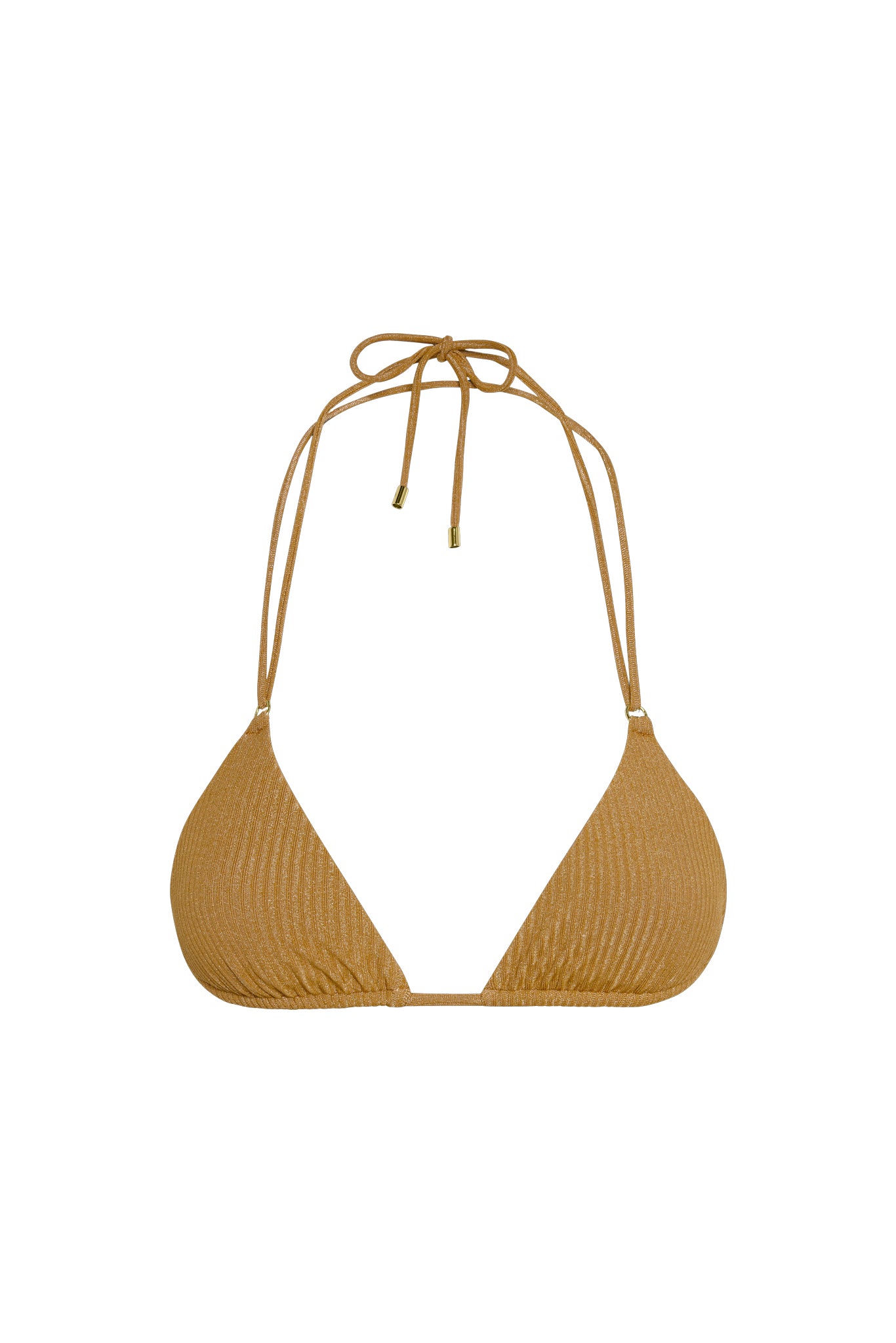 Front view of Hanalei Top bikini top, antique gold lurex rib, triangle cups, halter ties with gold tips on white background