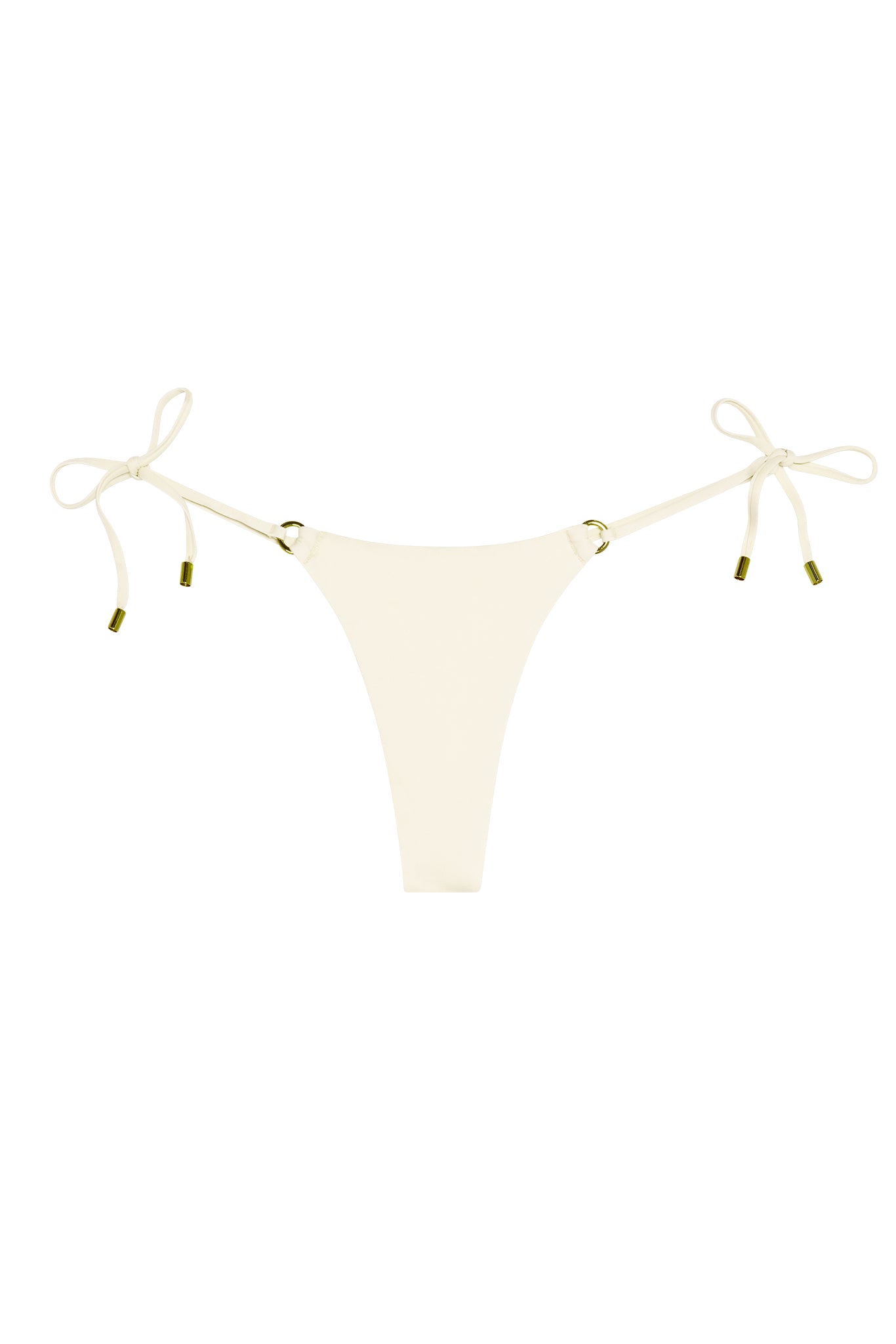Cream-colored tie-side thong bikini bottom with gold-tone metal tip accents