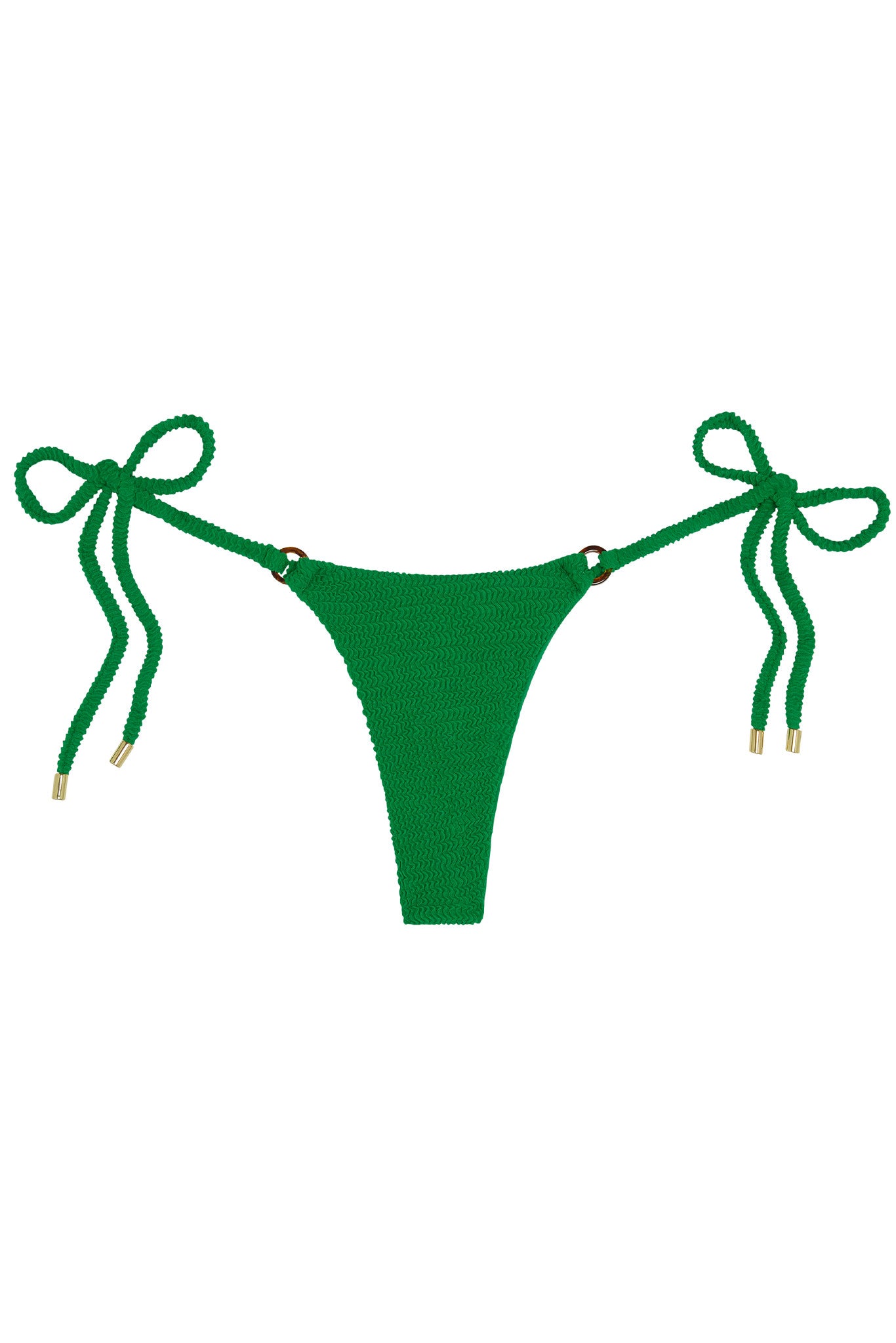 Green textured bikini bottom with braided side ties and gold-tone tips