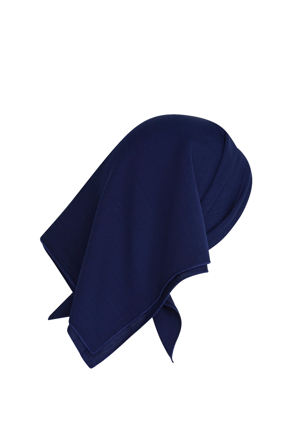 Angled view of Monday Head Scarf in Midnight showcasing finished edges with a white background