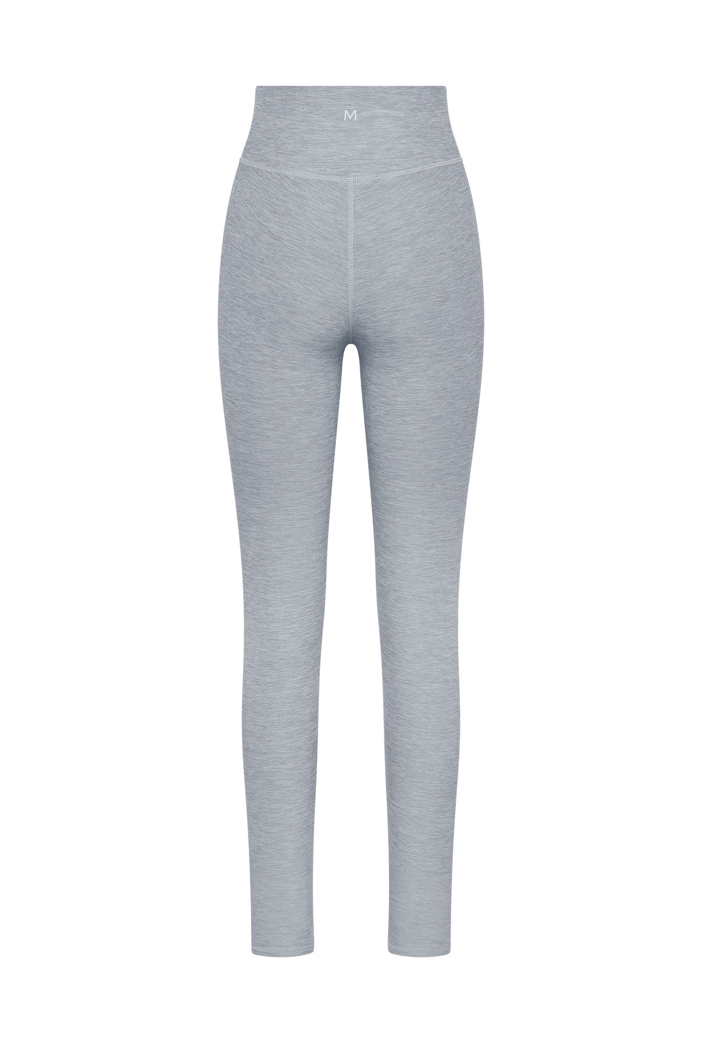 Light heather-gray high-waist leggings with center seam and 'M' size label on waistband.