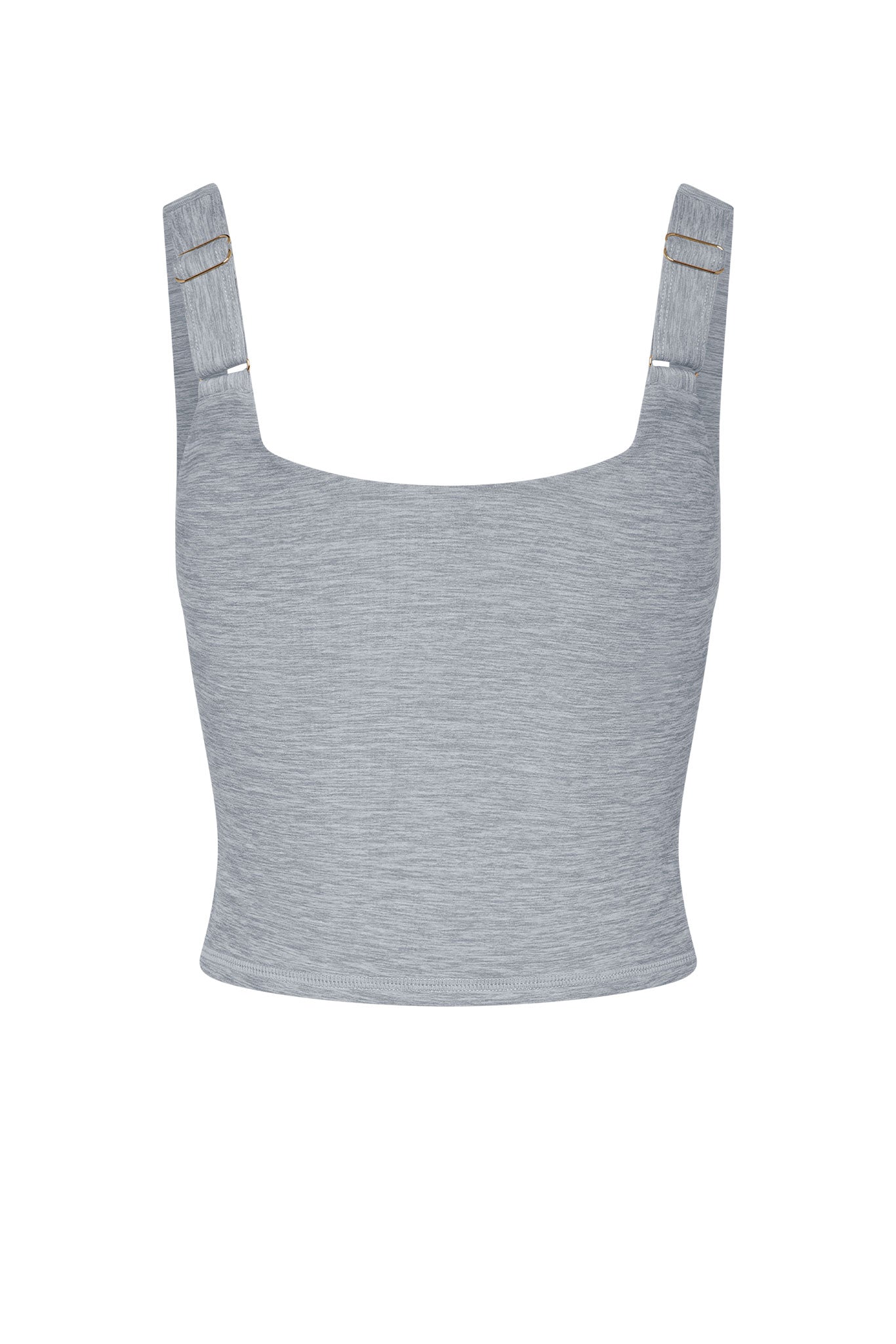Light gray heathered cropped tank top with square neckline and adjustable gold metal sliders on the straps.