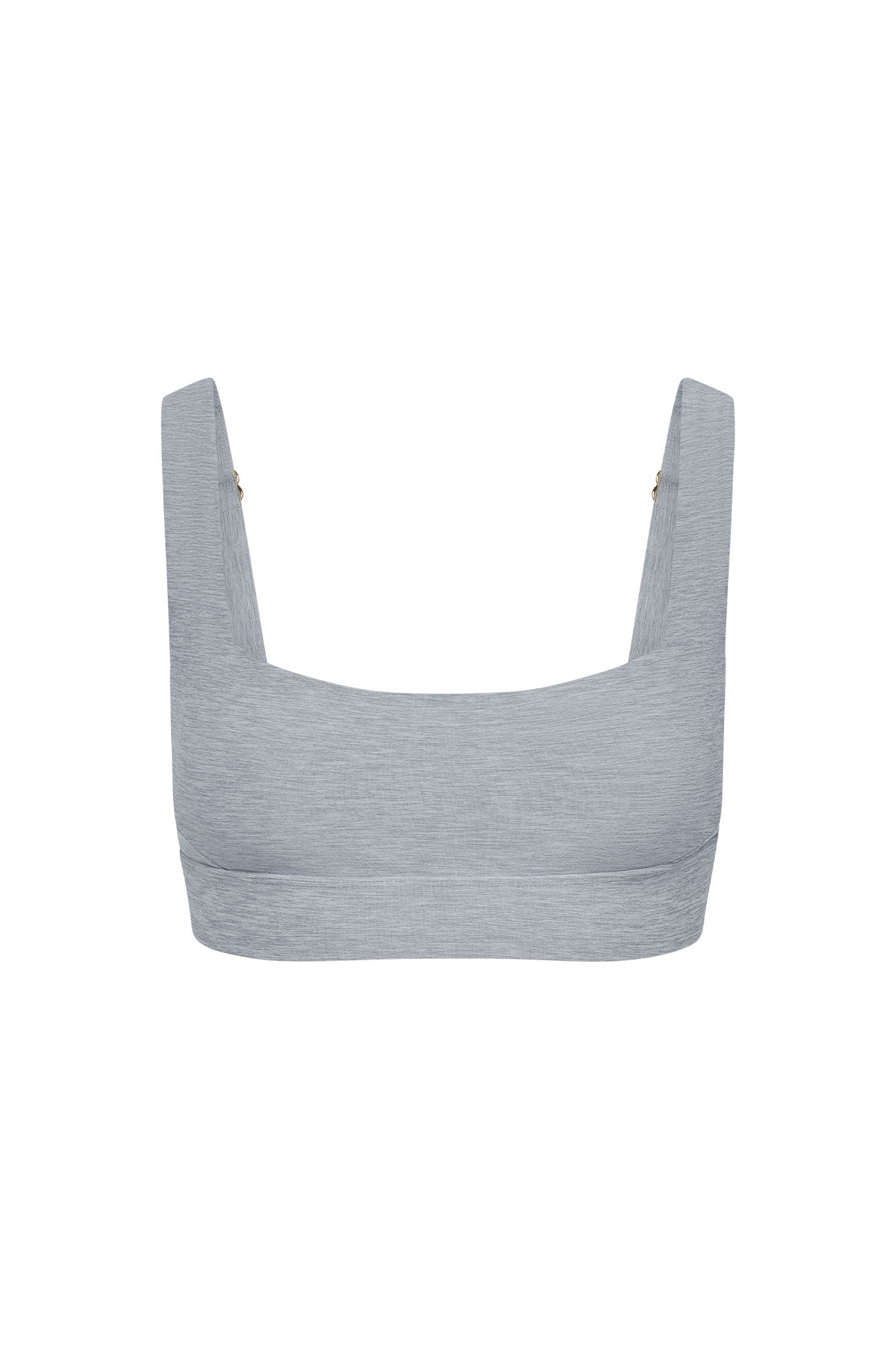 Heather gray square‑neck sports bra with wide straps, shown flat on white background