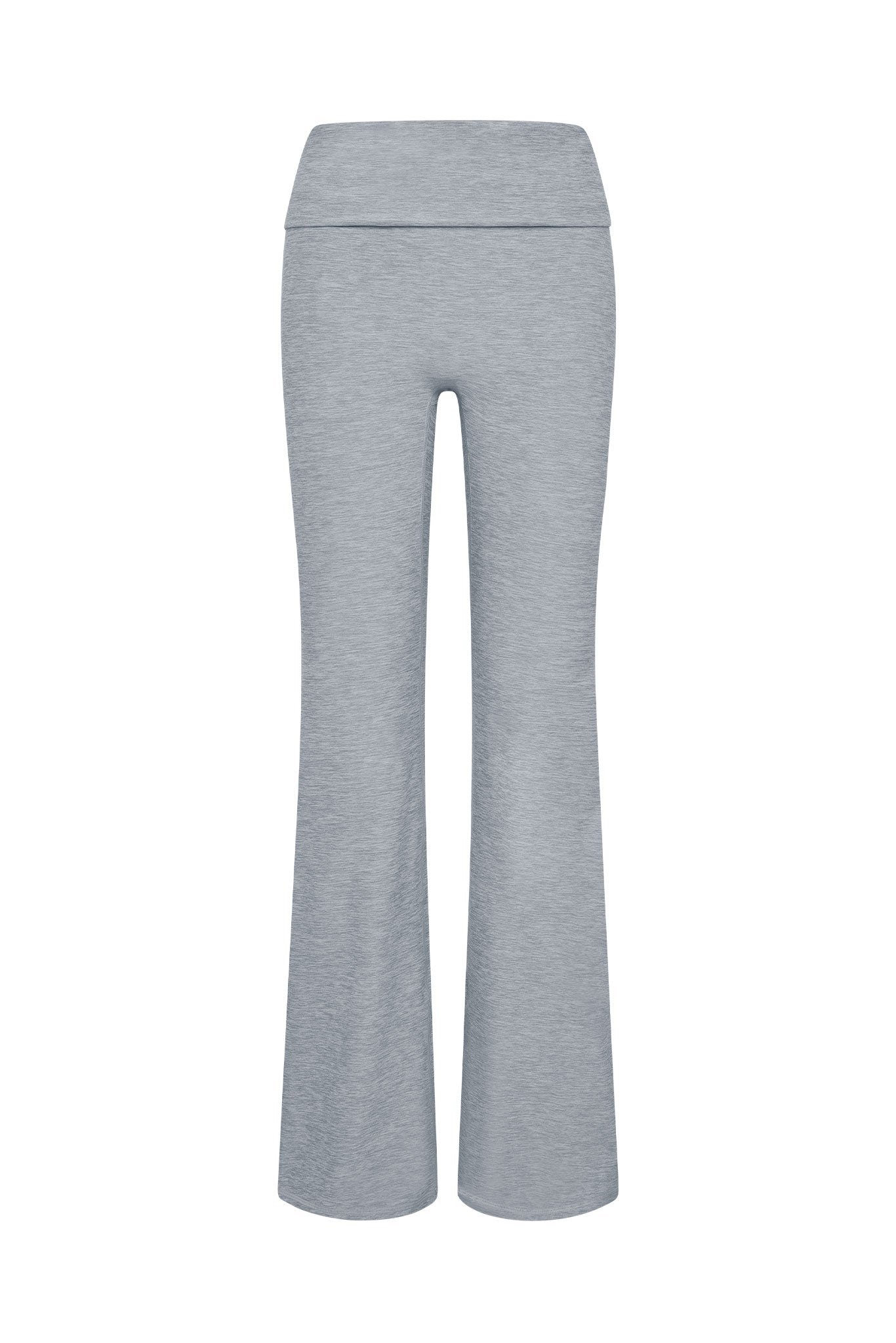 Light gray fold-over high-waist flared leggings with soft heathered fabric