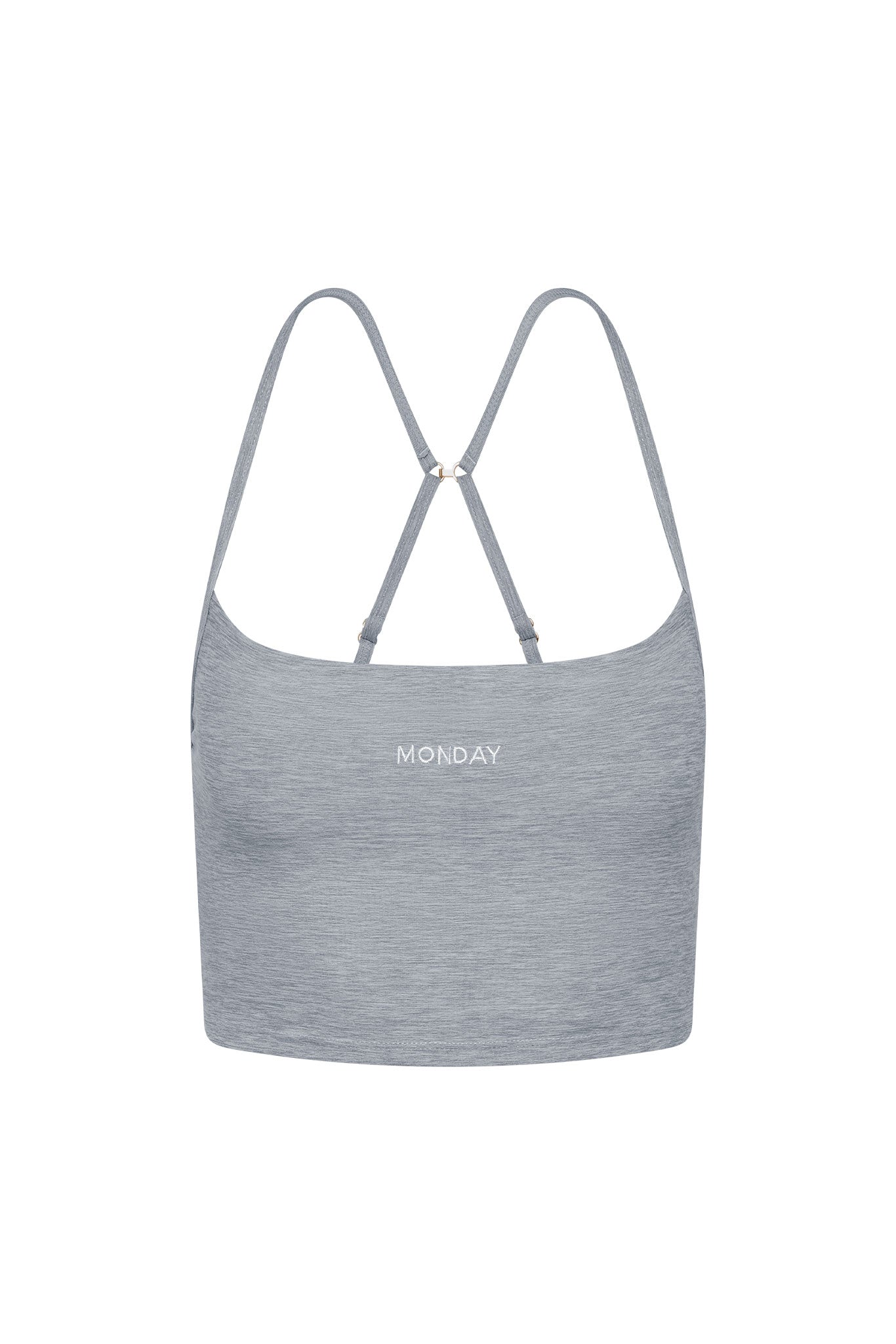 Grey heather cropped cami with crossed adjustable straps, embroidered 'MONDAY' at center front.