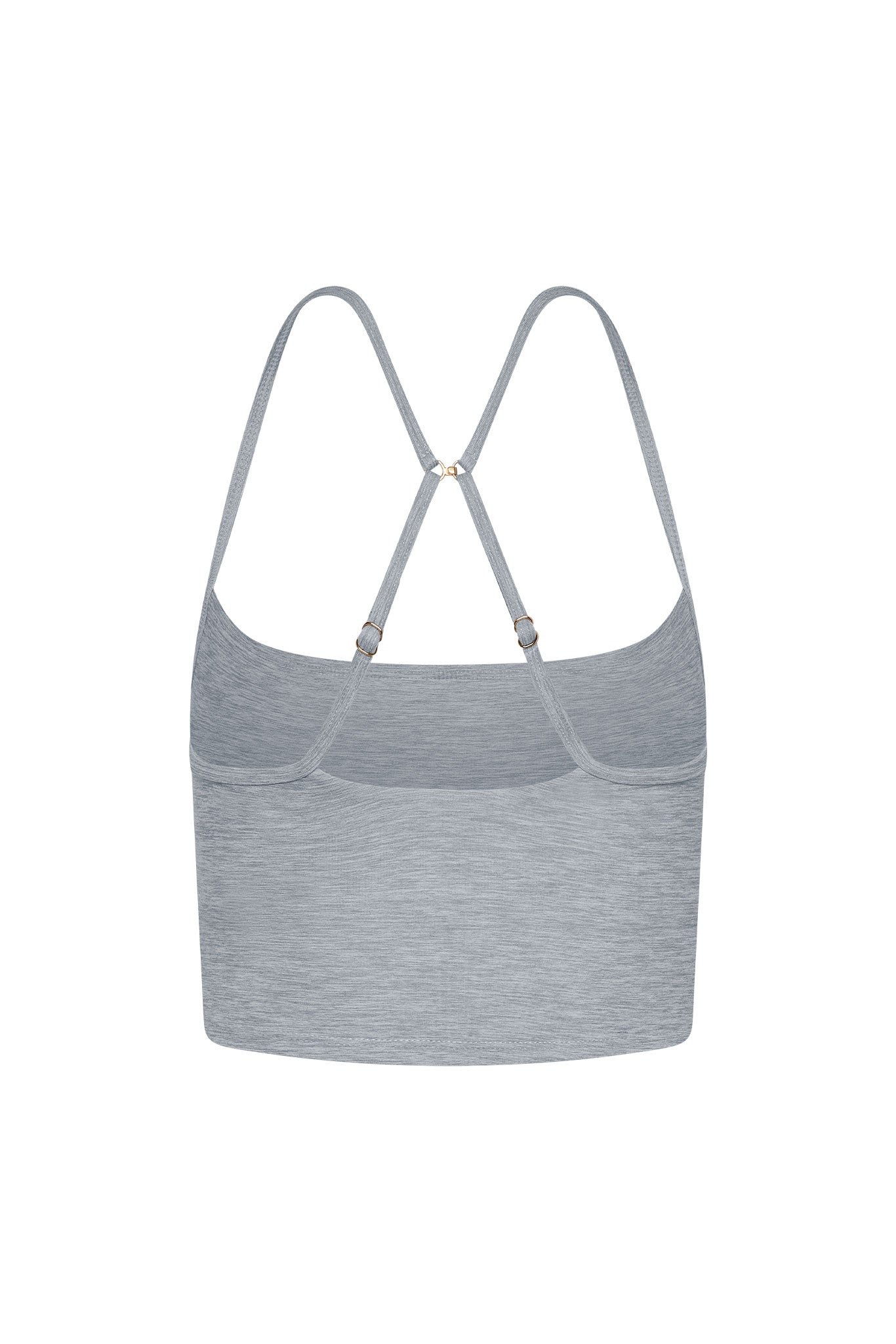 Back view of light gray heathered cropped camisole with adjustable crisscross straps and gold-tone hardware