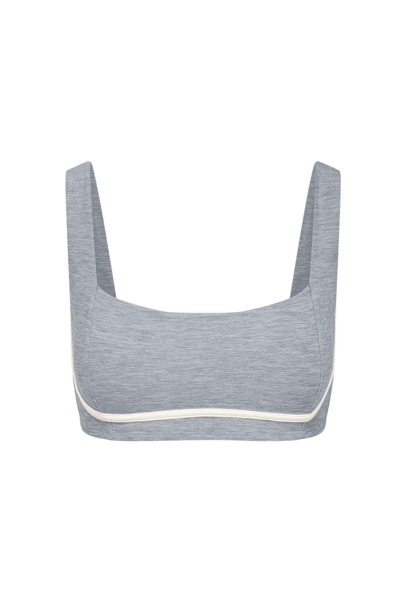 Heather gray square-neck wireless bra with wide straps and contrast white piping along the band, front view.