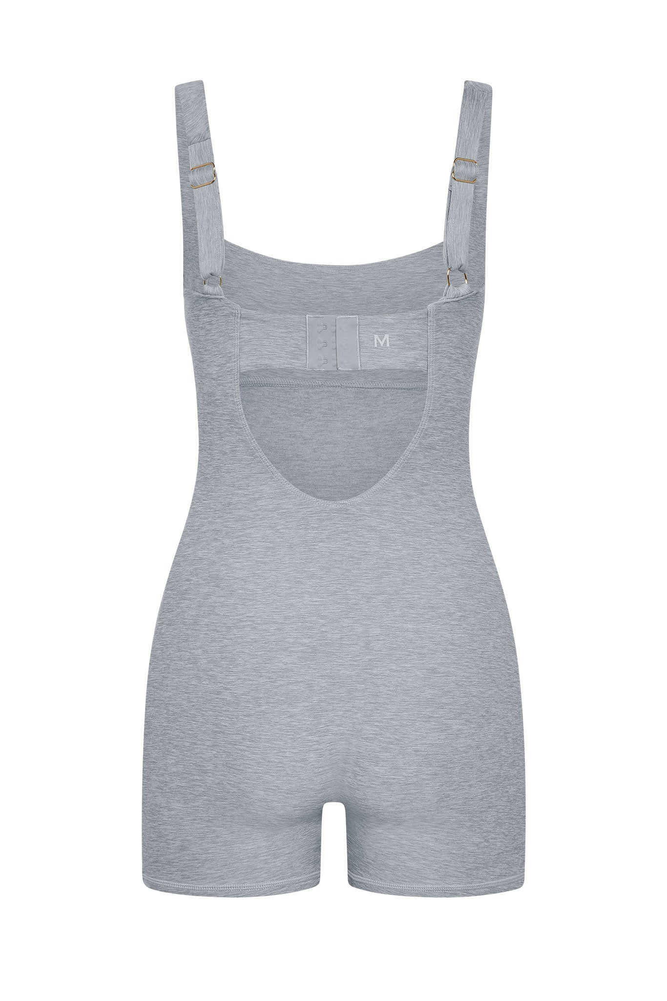 Light gray heathered romper with adjustable shoulder straps and visible size tag M