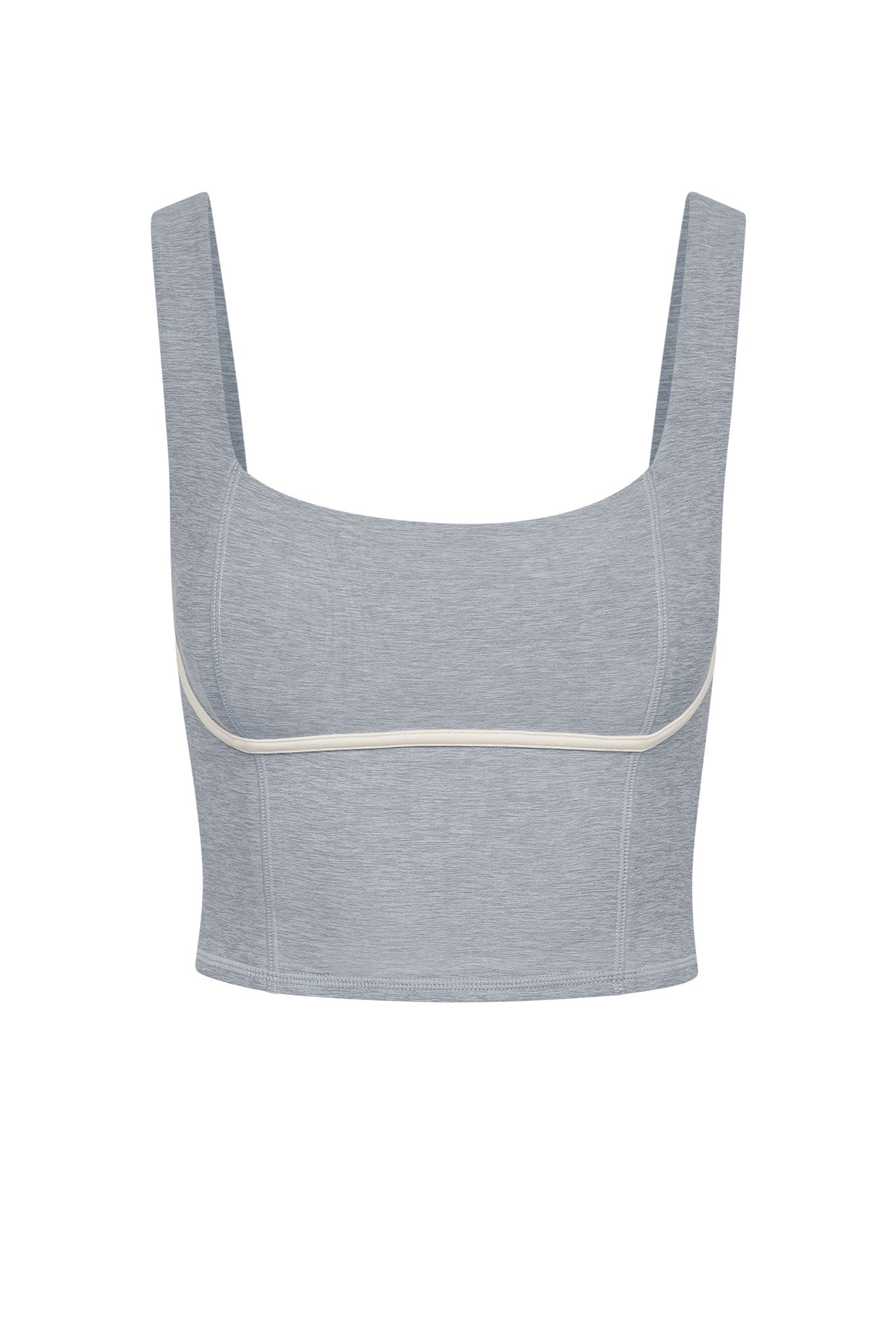 Heather-gray cropped tank top with wide straps and light-cream piping under the bust