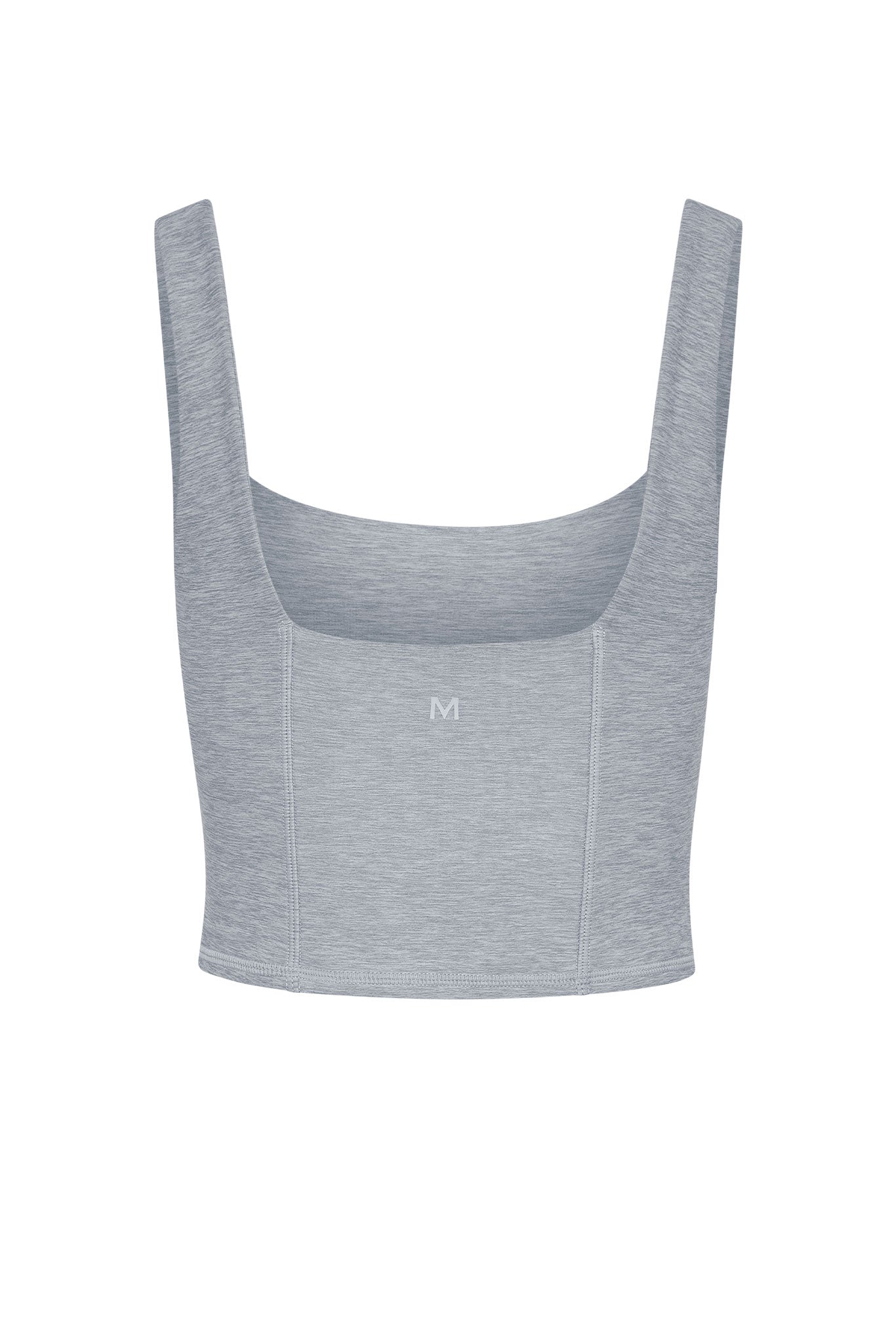 Heather light gray cropped tank top with square neckline and small M logo centered on front