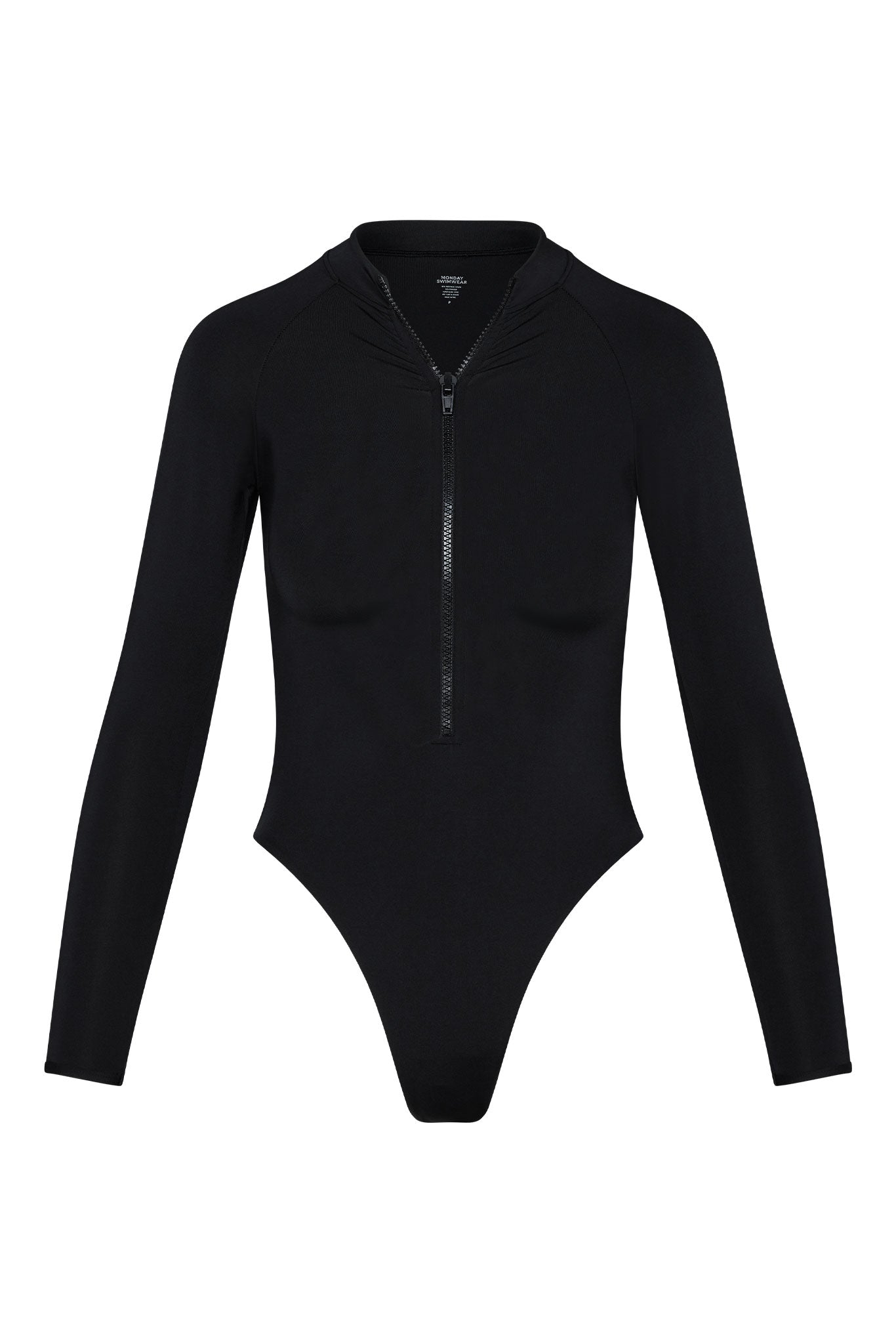 Black long-sleeve zip-front one-piece swimsuit with high-cut leg and mock collar.