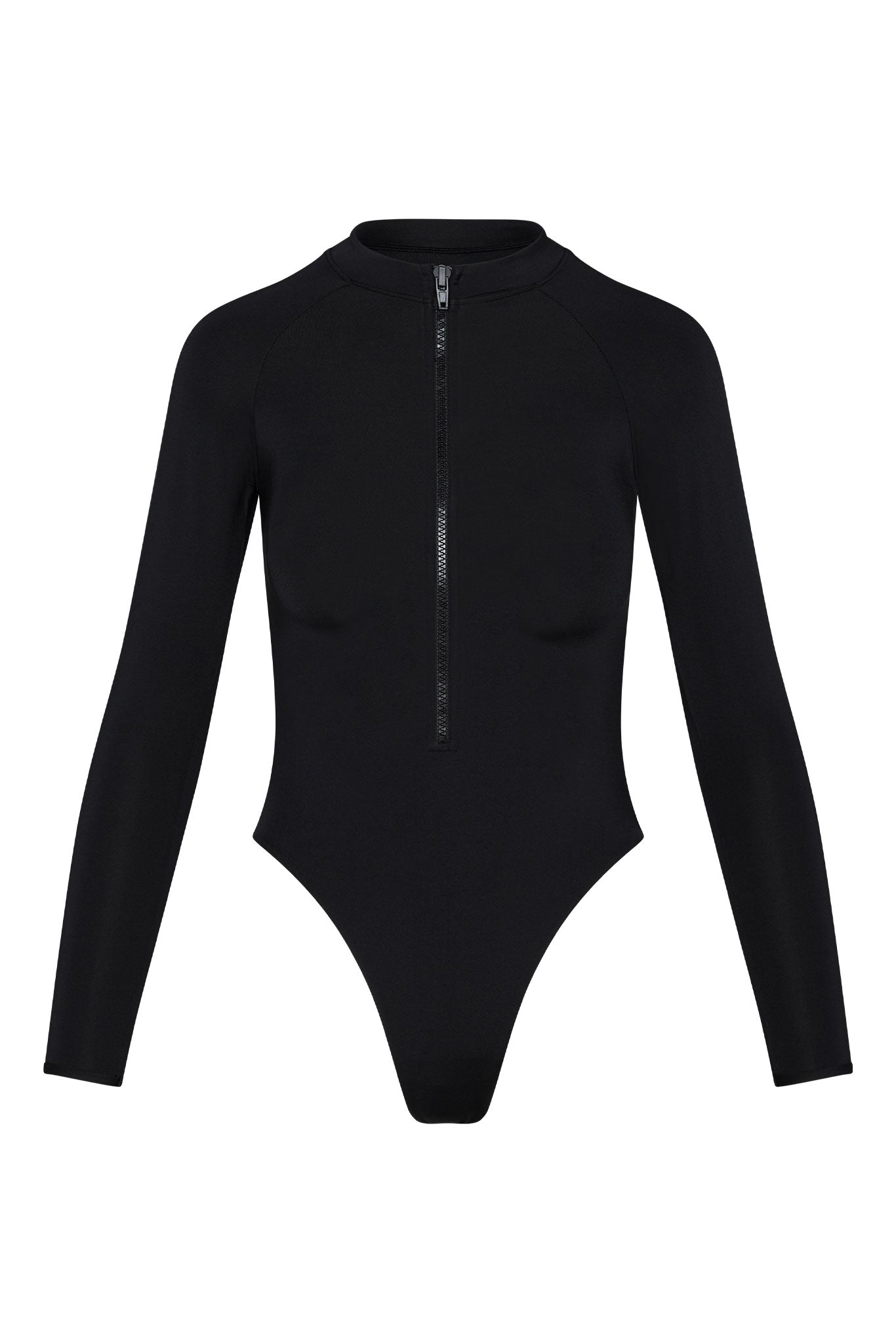 Black long-sleeve, zip-front high-cut bodysuit with crew neckline