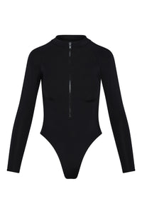 Black long-sleeve, zip-front high-cut bodysuit with crew neckline